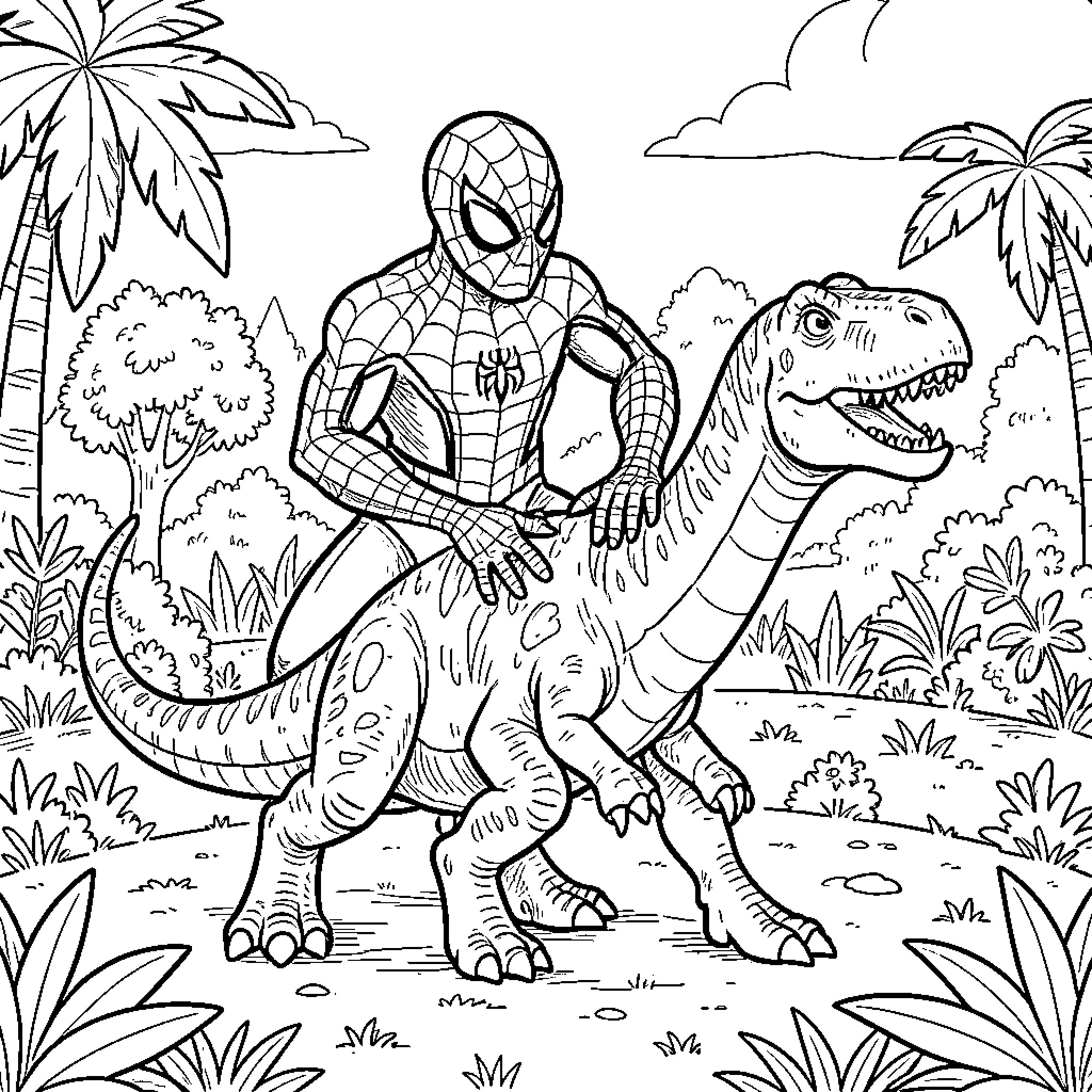 Spiderman riding a large dinosaur through a jungle Coloring Page (free black-and-white line drawing printable PDF for all, from beginners to advanced learners, including children, teens, adults, and seniors)