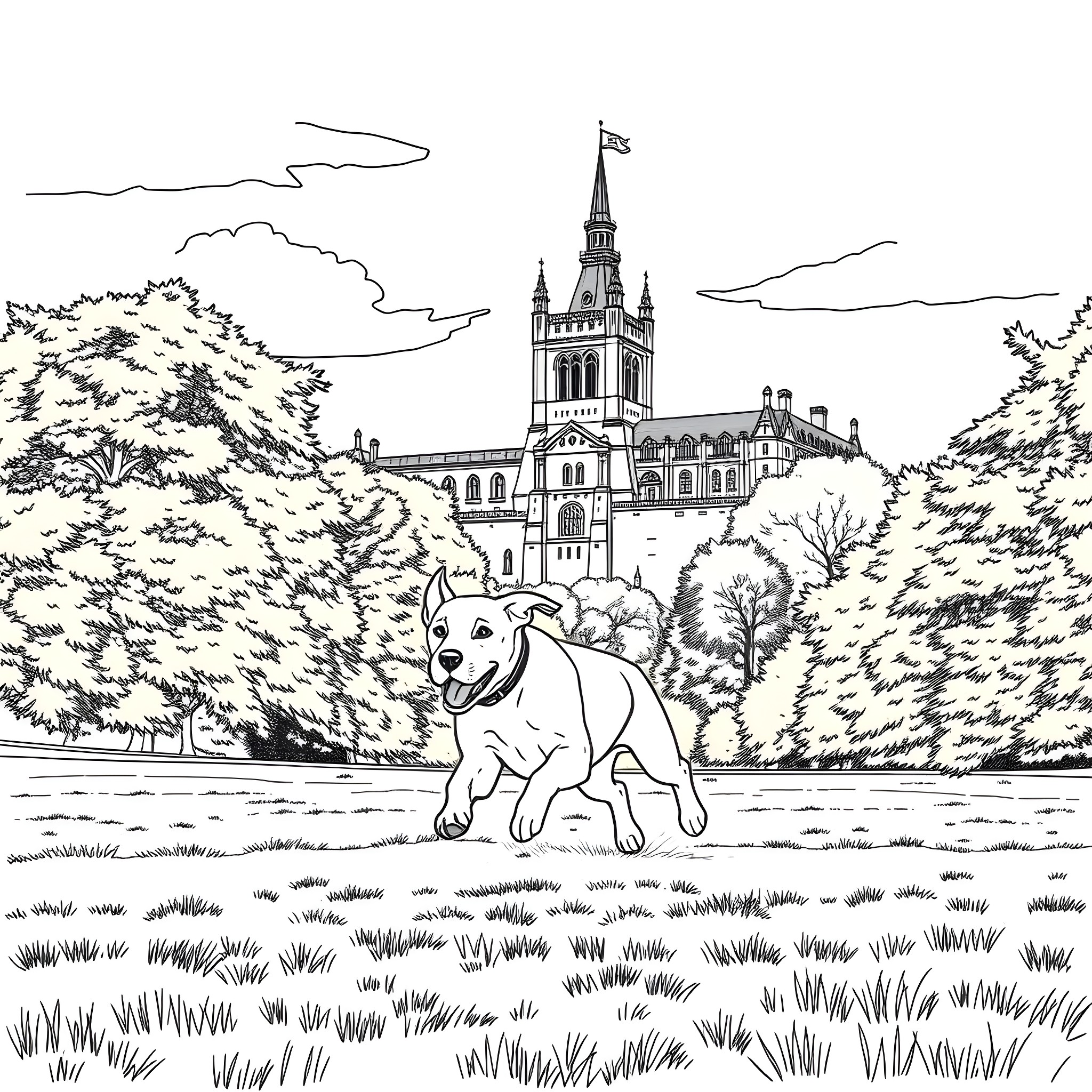 Dog exploring the scenic castle and forest landscape Coloring Page (free black-and-white line drawing printable PDF for all, from beginners to advanced learners, including children, teens, adults, and seniors)