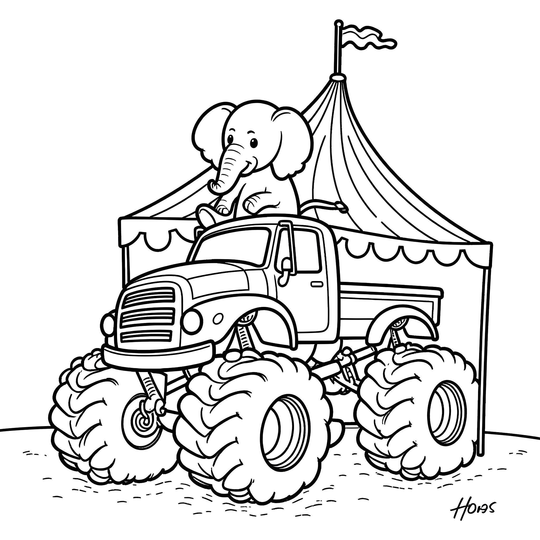 Elephant riding a circus monster truck Coloring Page (free black-and-white line drawing printable PDF for all, from beginners to advanced learners, including children, teens, adults, and seniors)