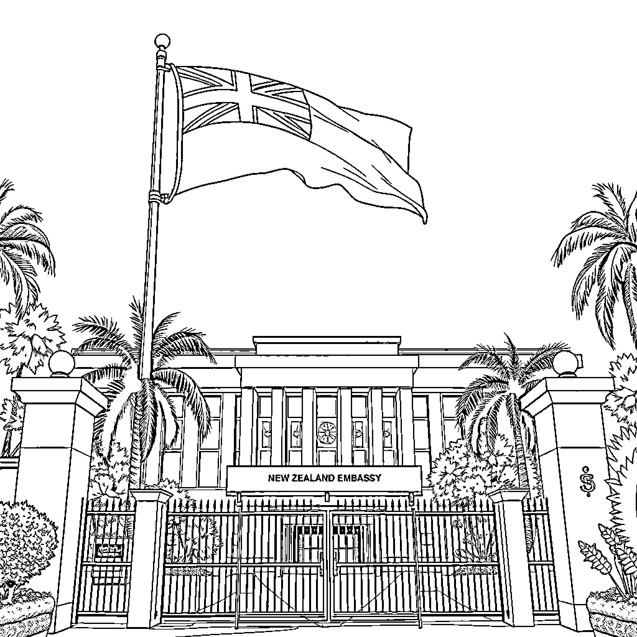 Flag waving proudly over embassy building Coloring Page (free black-and-white line drawing printable PDF for all, from beginners to advanced learners, including children, teens, adults, and seniors)