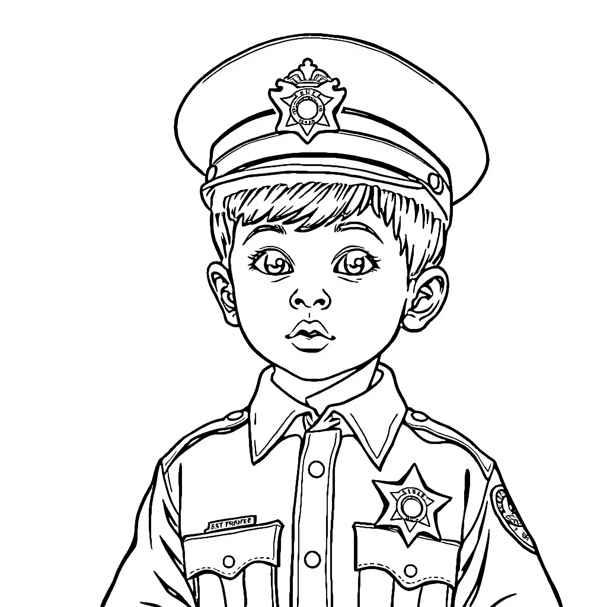 Child in police officer uniform Coloring Page (free black-and-white line drawing printable PDF for all, from beginners to advanced learners, including children, teens, adults, and seniors)