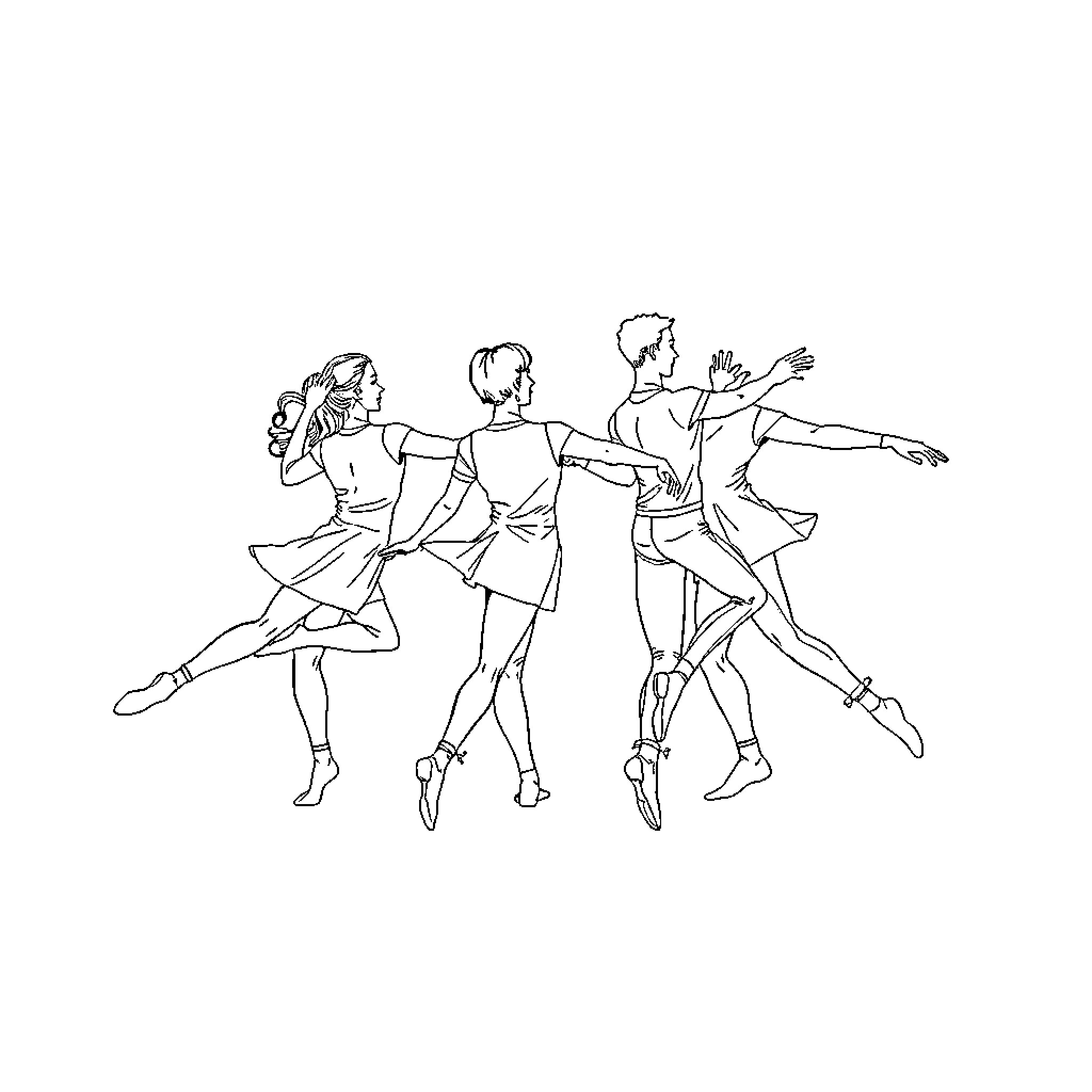 Turn of the dance: Ballet performers in motion Coloring Page (free black-and-white line drawing printable PDF for all, from beginners to advanced learners, including children, teens, adults, and seniors)