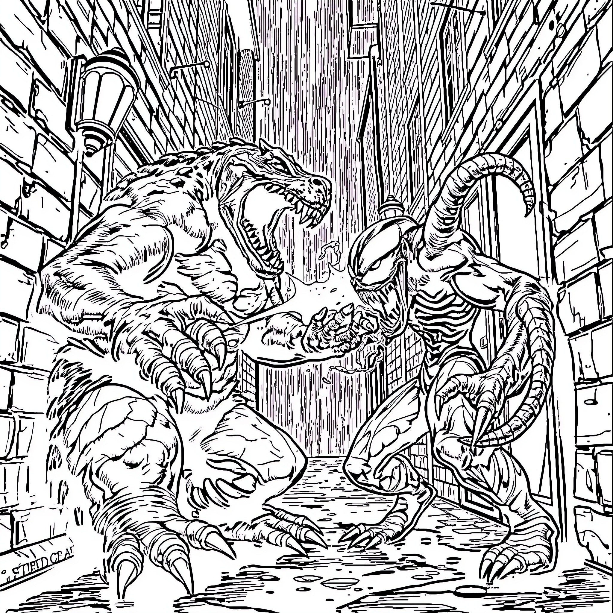 Croc vs. Alien in the Dark Alley Coloring Page (free black-and-white line drawing printable PDF for all, from beginners to advanced learners, including children, teens, adults, and seniors)
