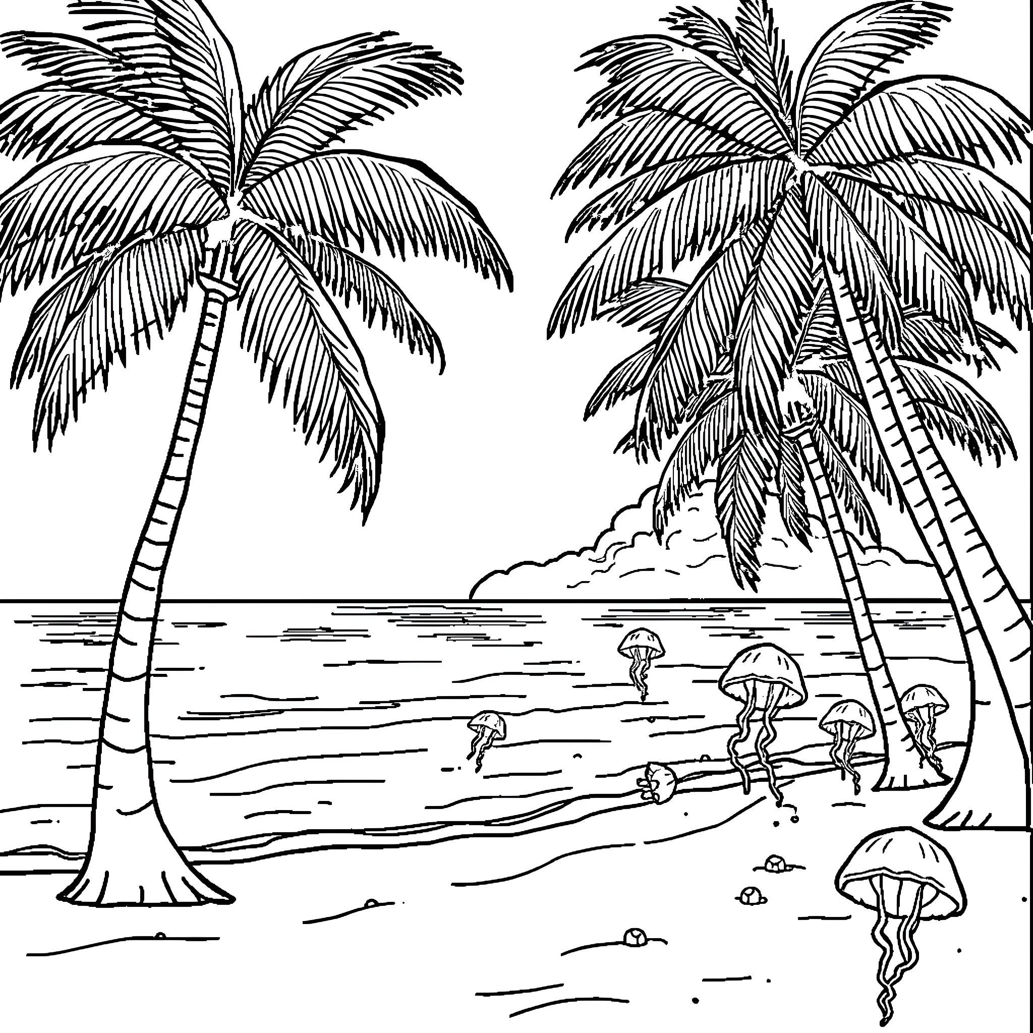 Palm Trees and Whimsical Coastal Scene Coloring Page (free black-and-white line drawing printable PDF for all, from beginners to advanced learners, including children, teens, adults, and seniors)