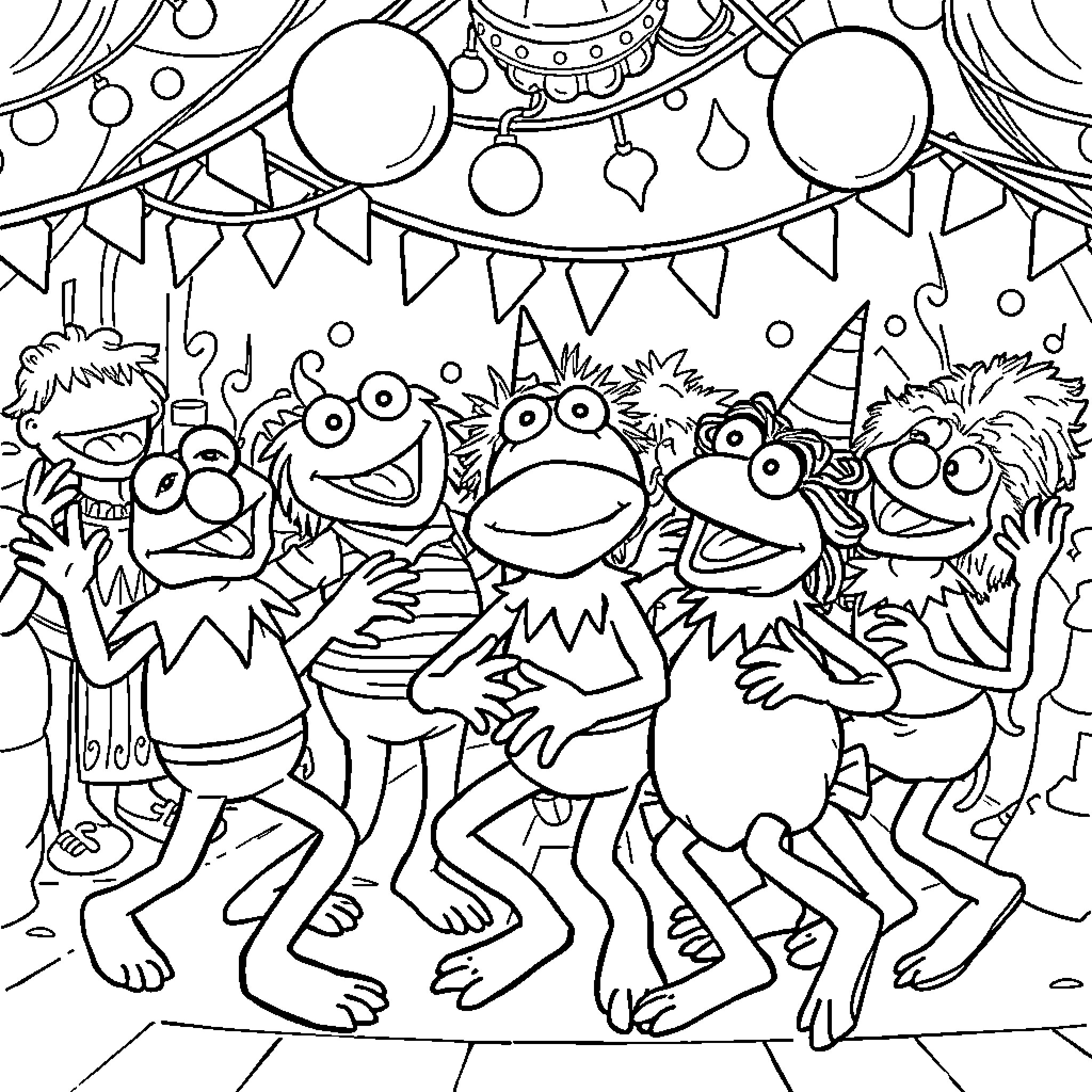Muppets Celebrate with Festive Party Decorations Coloring Page (free black-and-white line drawing printable PDF for all, from beginners to advanced learners, including children, teens, adults, and seniors)