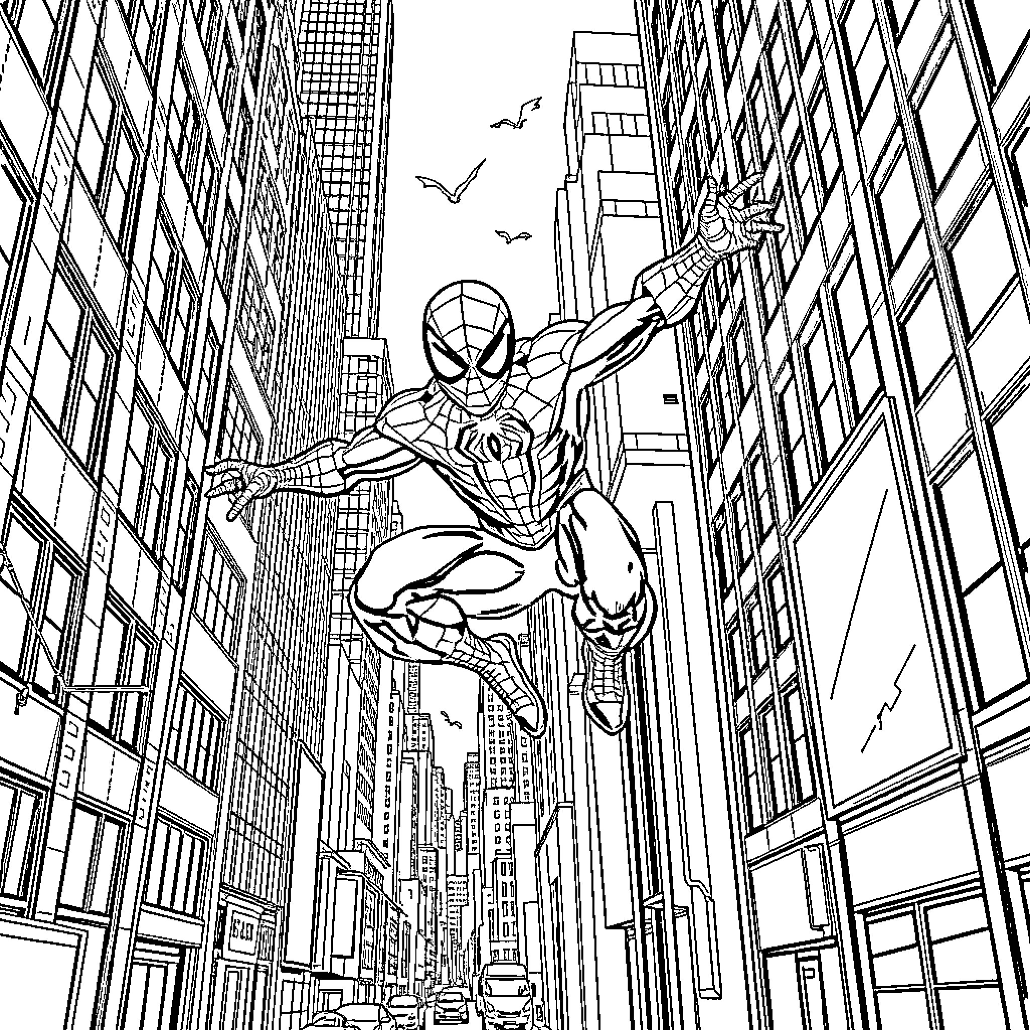 Spider-Man swinging through the city skyline Coloring Page (free black-and-white line drawing printable PDF for all, from beginners to advanced learners, including children, teens, adults, and seniors)