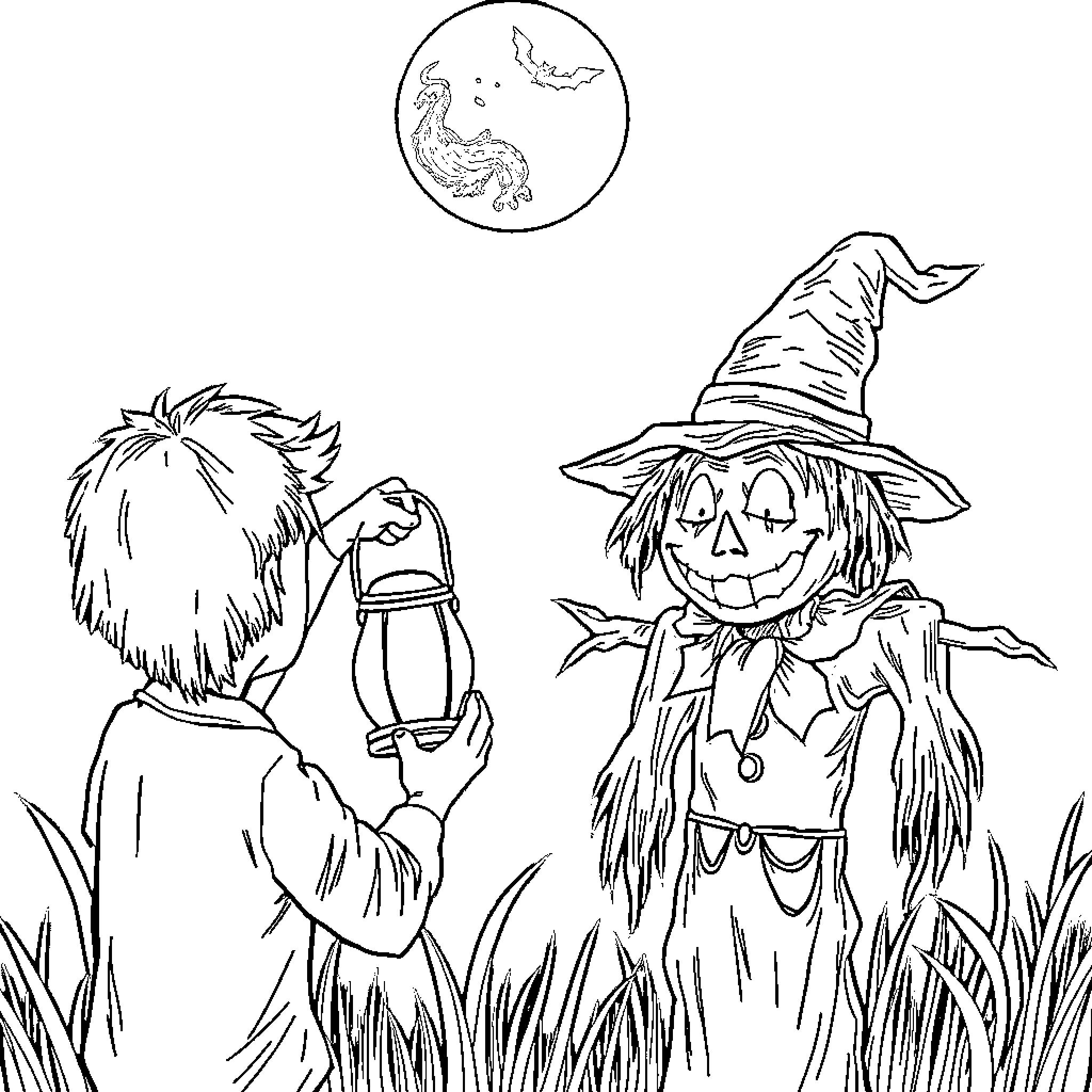 Person in witch costume examining pumpkin lantern Coloring Page (free black-and-white line drawing printable PDF for all, from beginners to advanced learners, including children, teens, adults, and seniors)