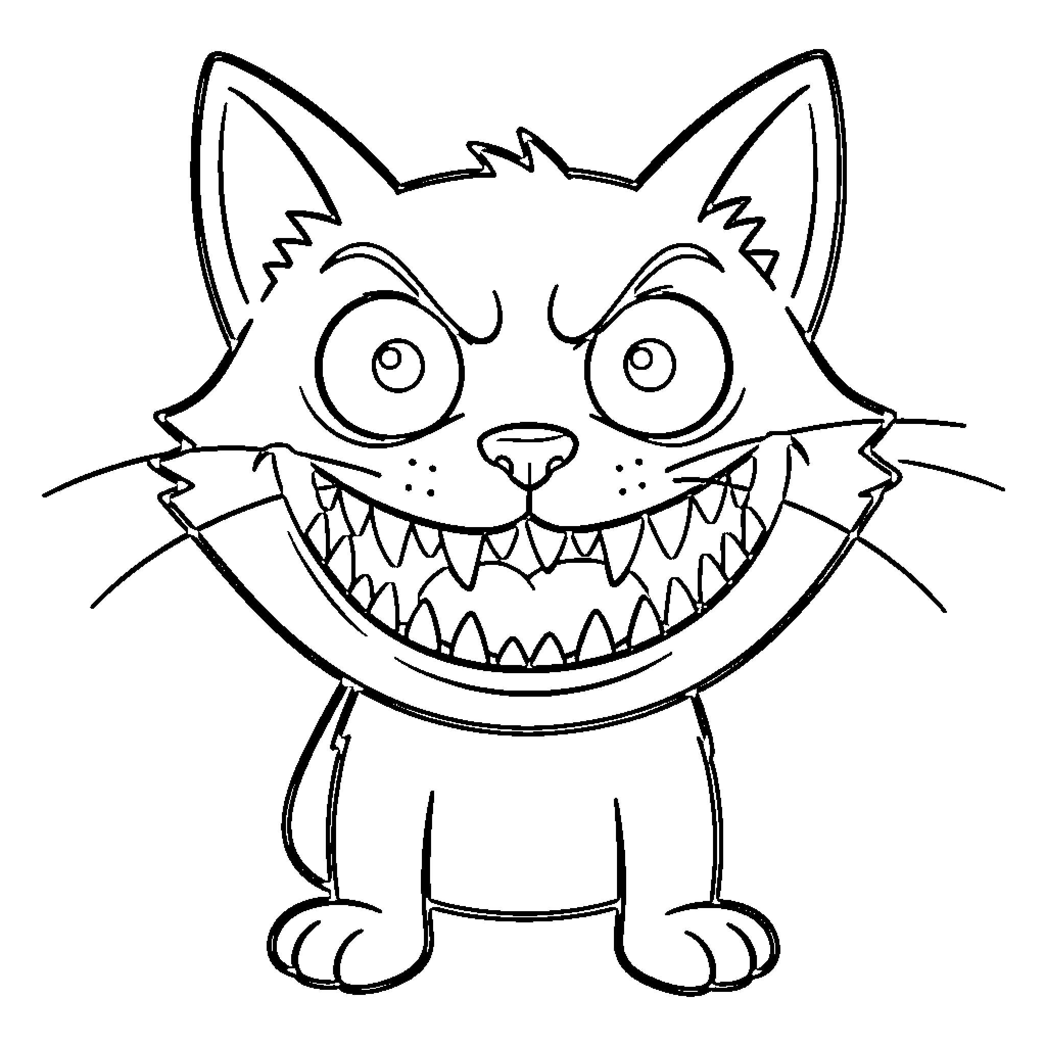 Trevor Henderson style angry cat with sharp teeth Coloring Page (free black-and-white line drawing printable PDF for all, from beginners to advanced learners, including children, teens, adults, and seniors)