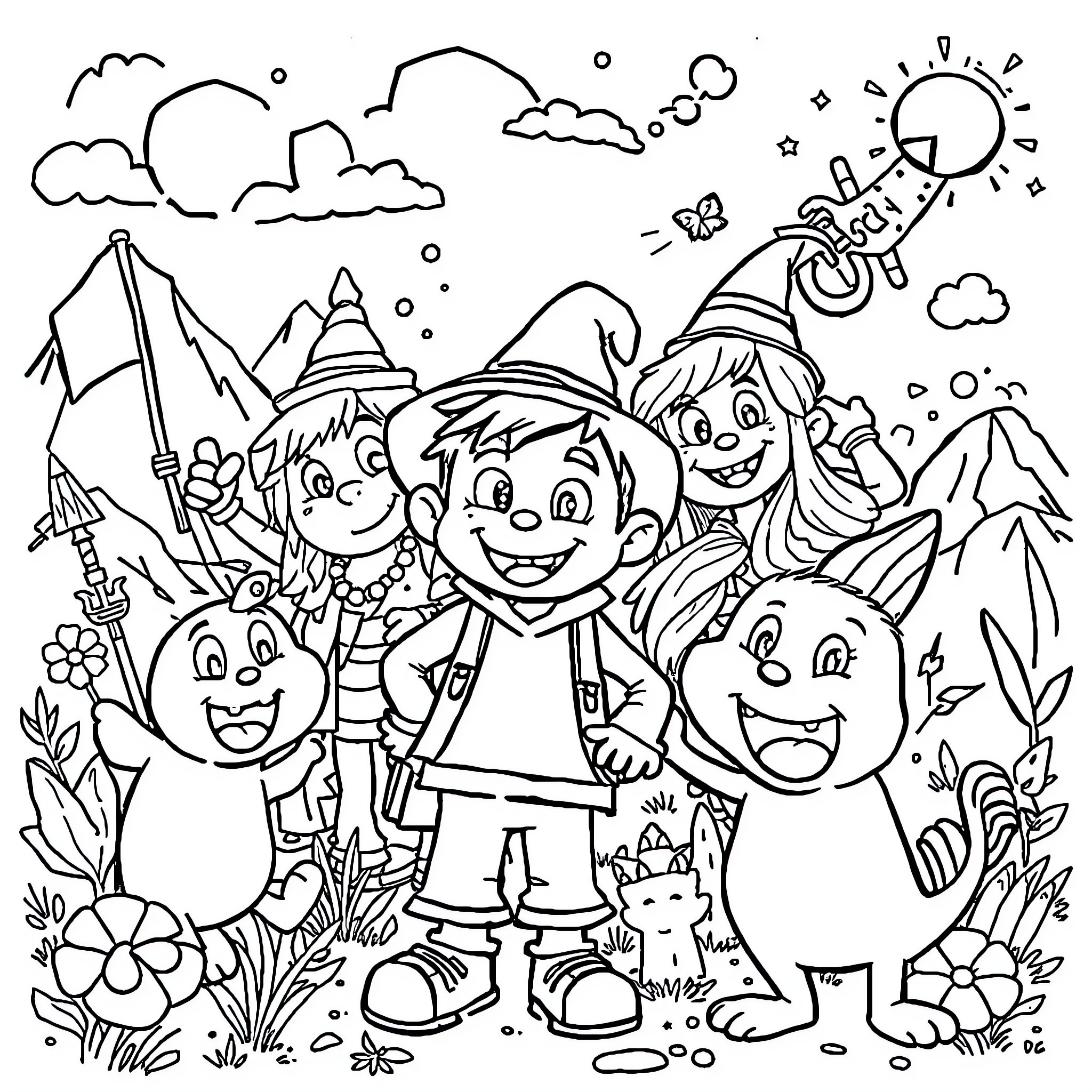 Cartoon Characters Exploring the Outdoors Coloring Page (free black-and-white line drawing printable PDF for all, from beginners to advanced learners, including children, teens, adults, and seniors)