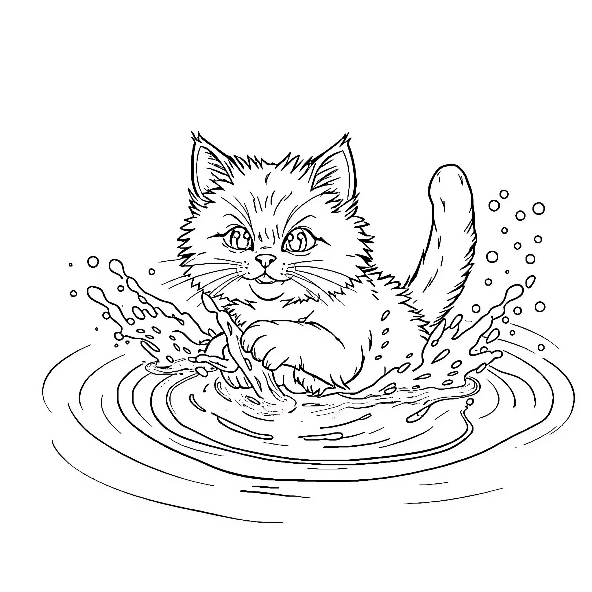 Cat Playing in Puddle Coloring Page (free black-and-white line drawing printable PDF for all, from beginners to advanced learners, including children, teens, adults, and seniors)