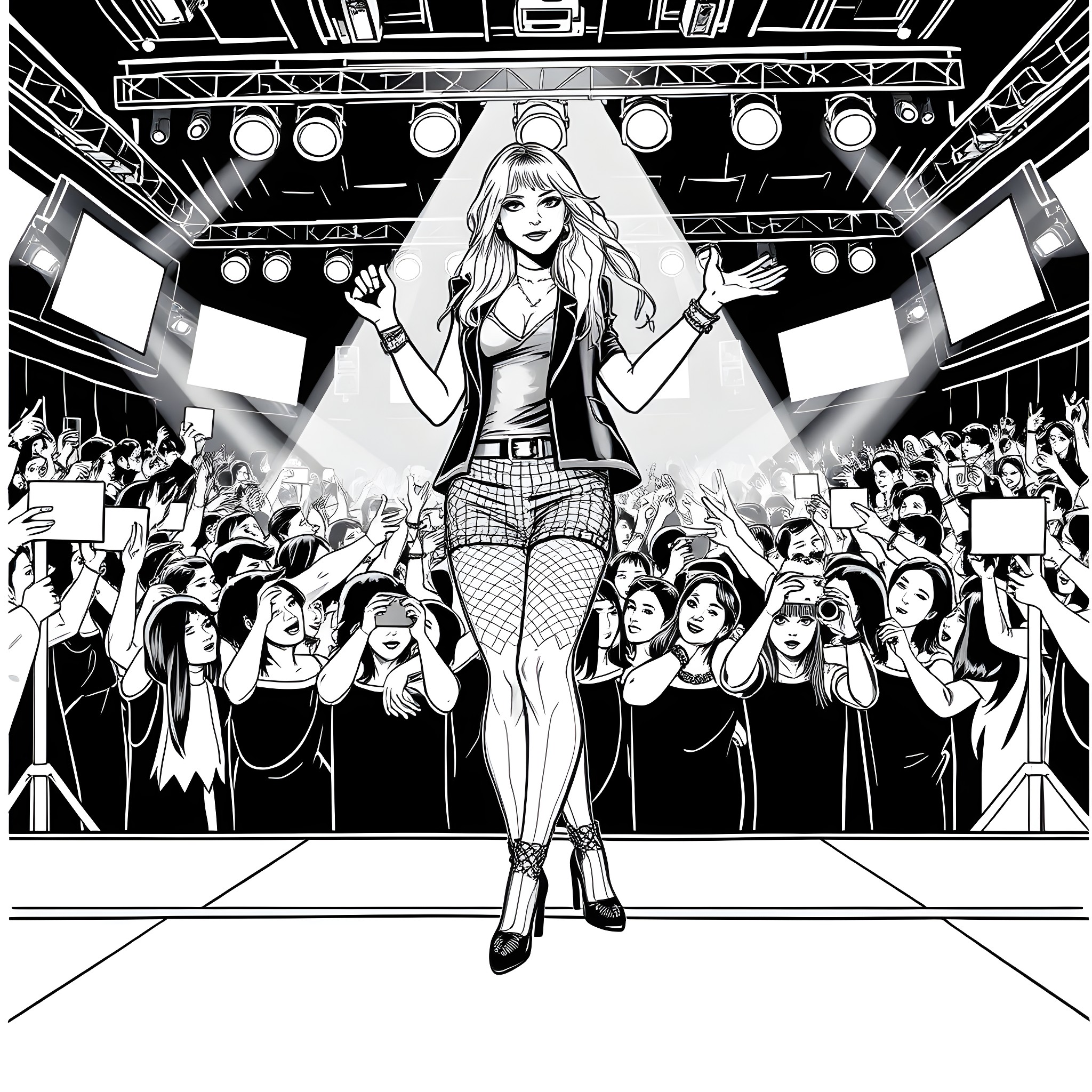 Lzzy Hale Performing on Stage with Adoring Fans Coloring Page (free black-and-white line drawing printable PDF for all, from beginners to advanced learners, including children, teens, adults, and seniors)