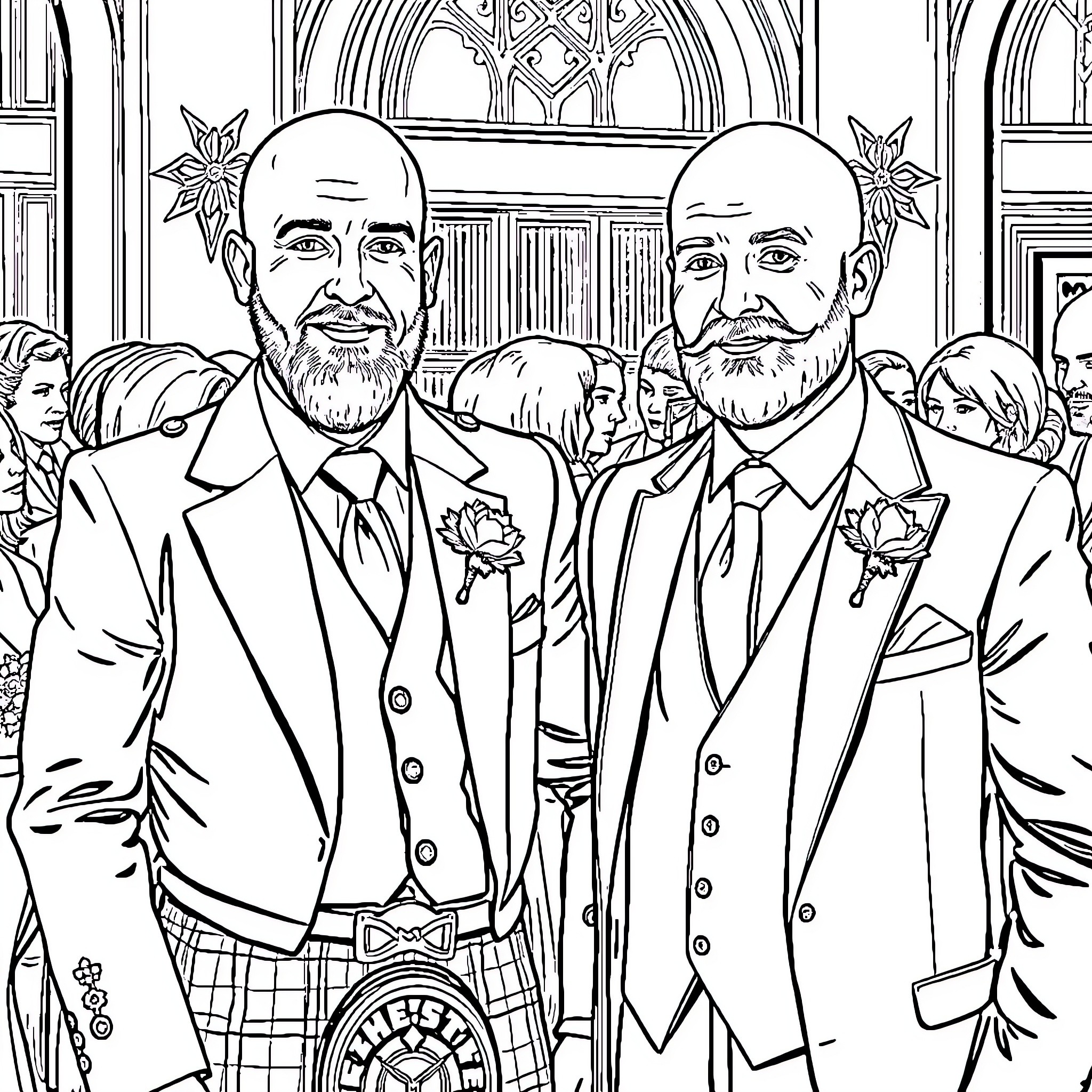 Brothers in formal attire at a special gathering Coloring Page (free black-and-white line drawing printable PDF for all, from beginners to advanced learners, including children, teens, adults, and seniors)