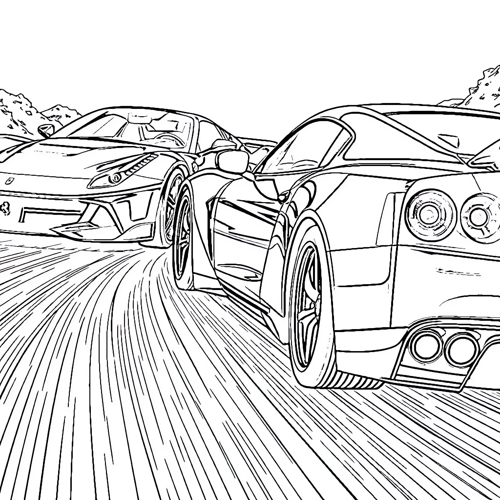 Ferrari Supercars Racing on Winding Mountain Road Coloring Page (free black-and-white line drawing printable PDF for all, from beginners to advanced learners, including children, teens, adults, and seniors)