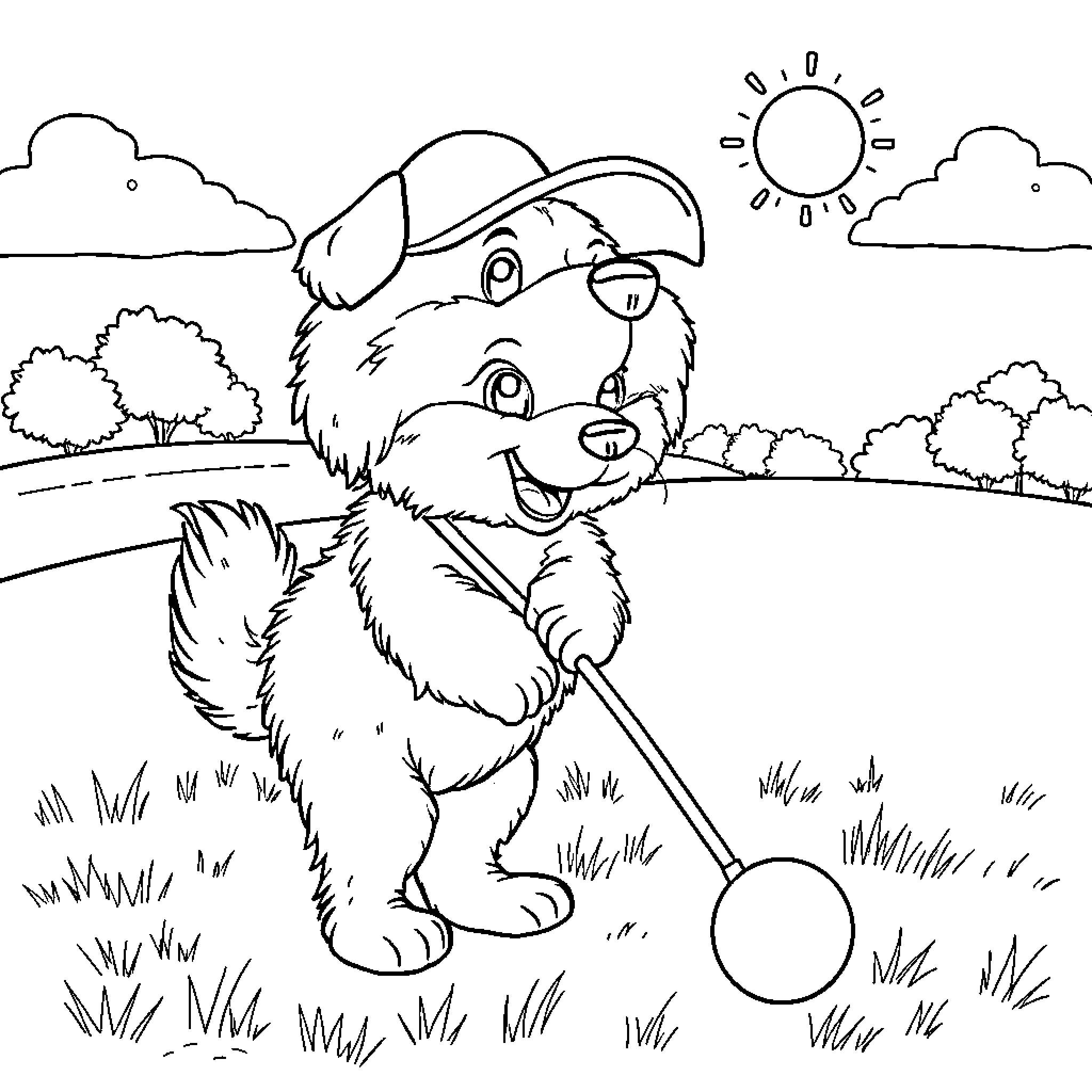 Dog Enjoying a Summer Day in the Park Coloring Page (free black-and-white line drawing printable PDF for all, from beginners to advanced learners, including children, teens, adults, and seniors)