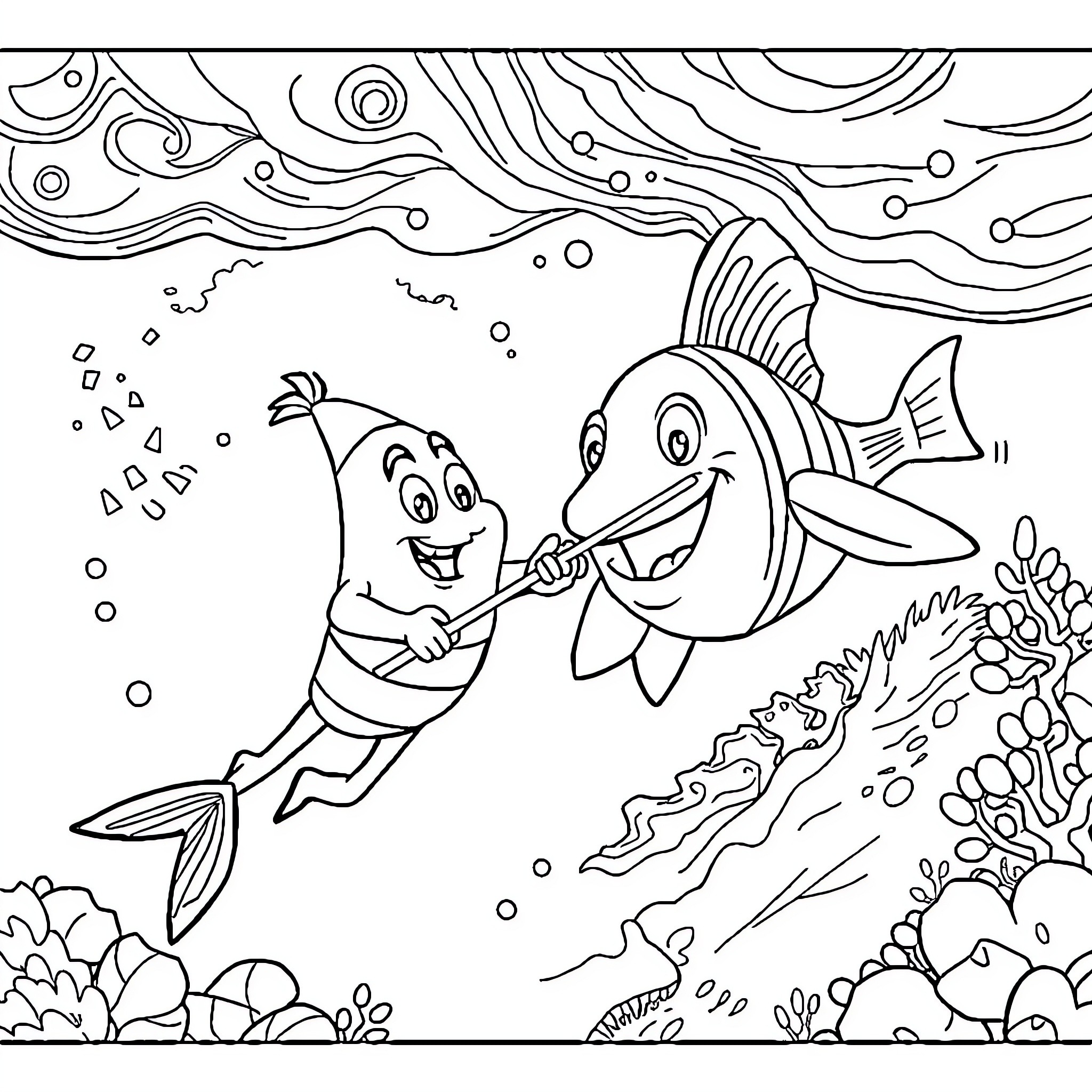 Patricio's underwater adventure with playful fish Coloring Page (free black-and-white line drawing printable PDF for all, from beginners to advanced learners, including children, teens, adults, and seniors)