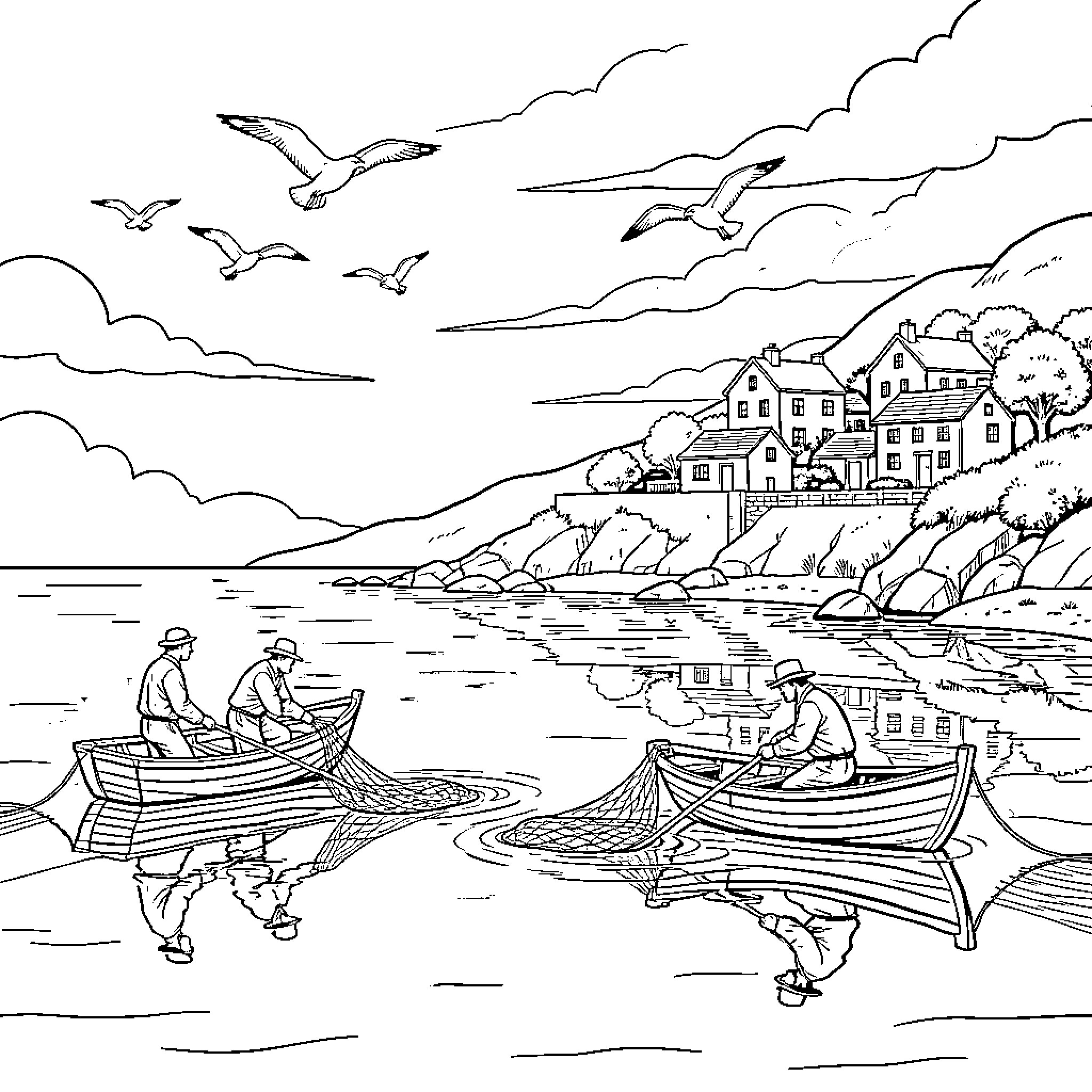 Coast with fishing boats and coastal houses Coloring Page (free black-and-white line drawing printable PDF for all, from beginners to advanced learners, including children, teens, adults, and seniors)