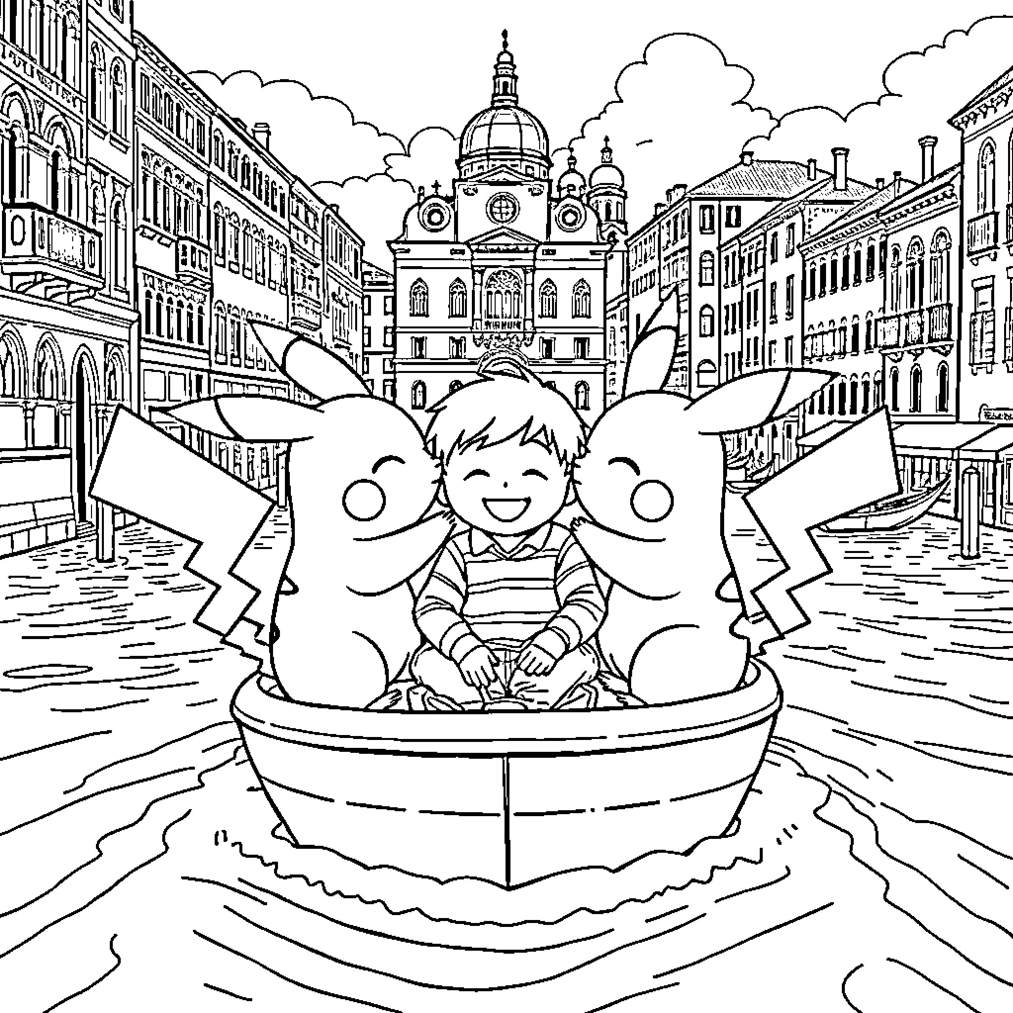 Pikachu's Whimsical Gondola Ride through Historic Venice Coloring Page (free black-and-white line drawing printable PDF for all, from beginners to advanced learners, including children, teens, adults, and seniors)