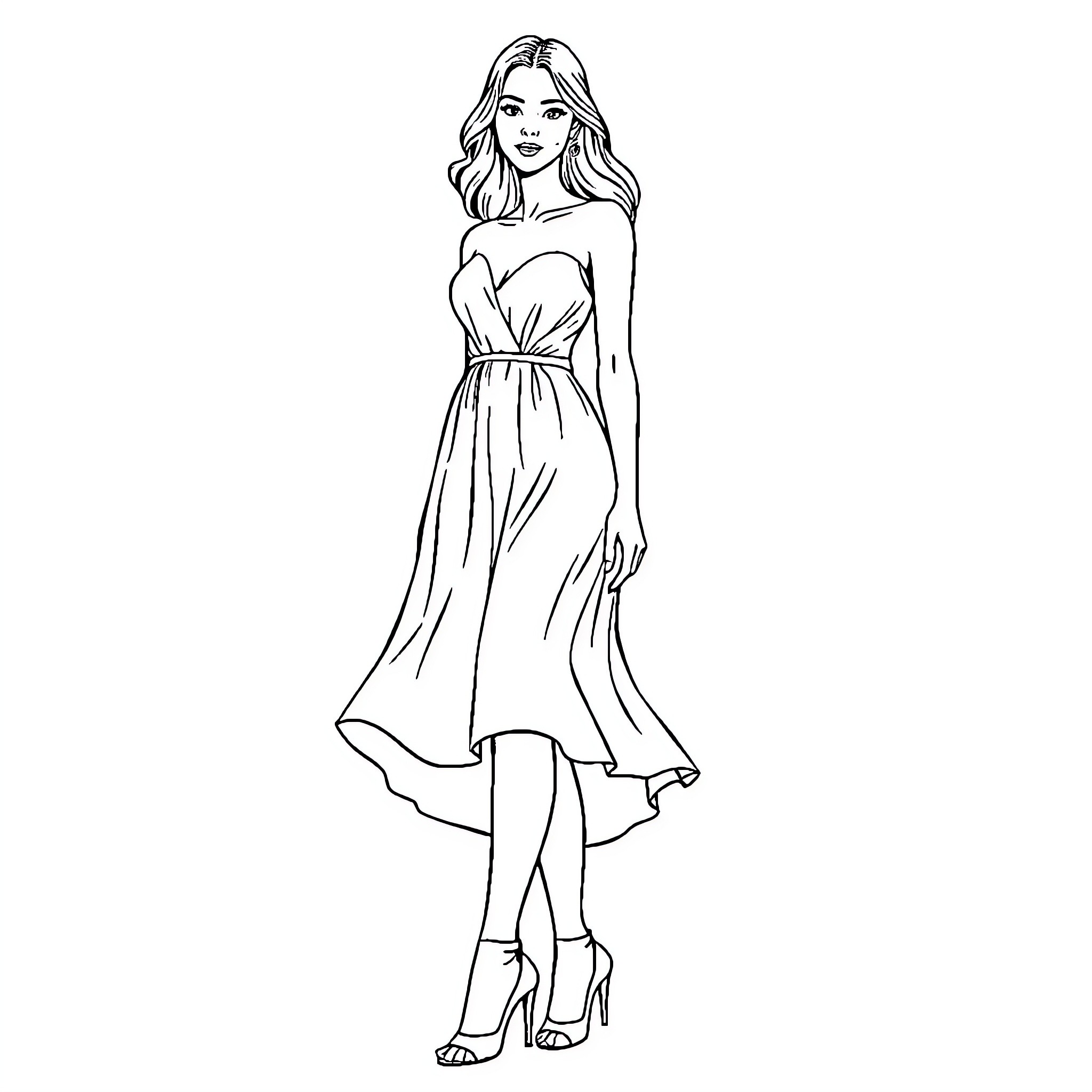 Lady in a Flowing Dress with Elegant Pose Coloring Page (free black-and-white line drawing printable PDF for all, from beginners to advanced learners, including children, teens, adults, and seniors)