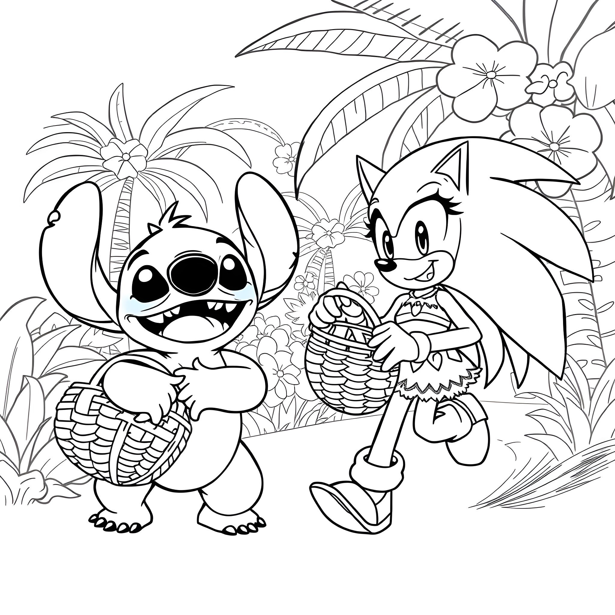 Character collecting flowers and fruits in a tropical setting Coloring Page (free black-and-white line drawing printable PDF for all, from beginners to advanced learners, including children, teens, adults, and seniors)