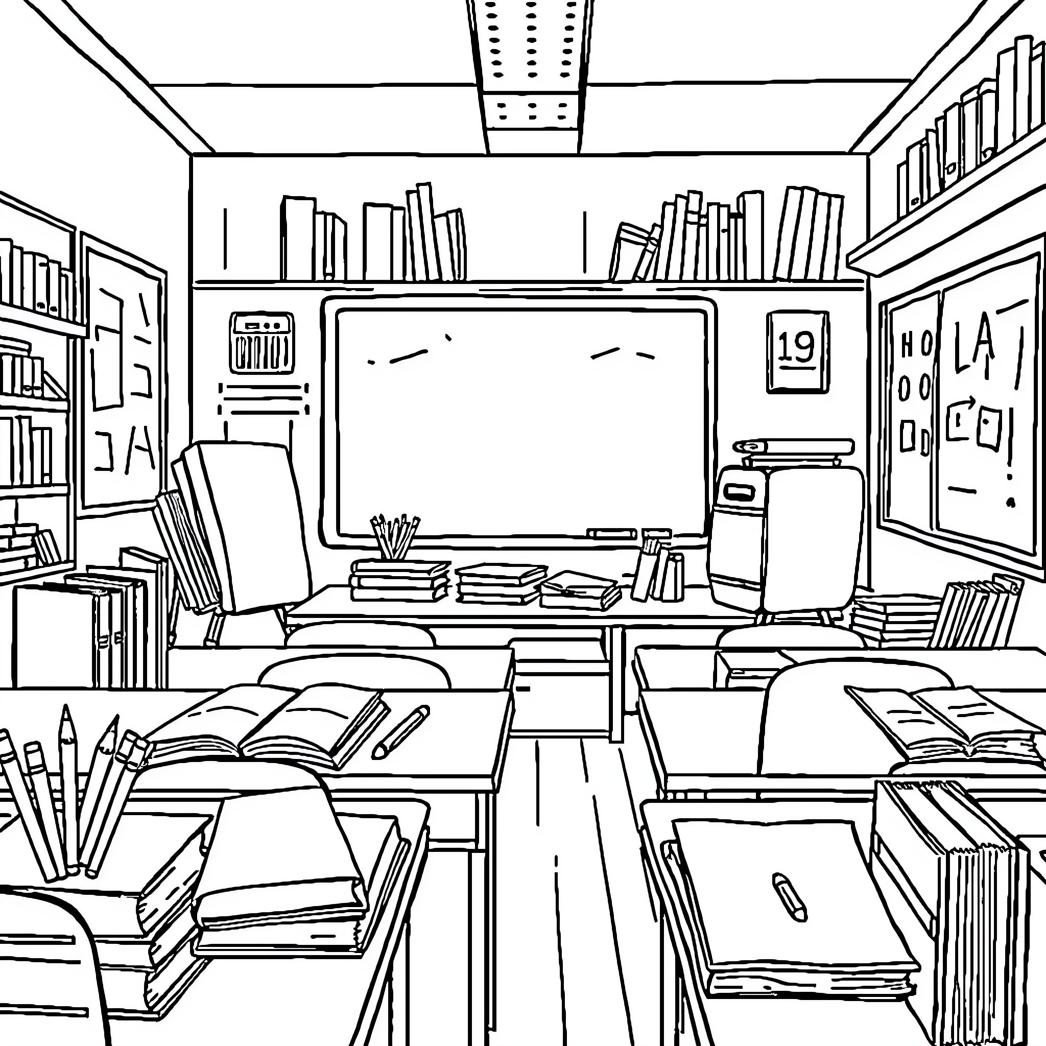 School Item Classroom with Desks and Bookshelves Coloring Page (free black-and-white line drawing printable PDF for all, from beginners to advanced learners, including children, teens, adults, and seniors)