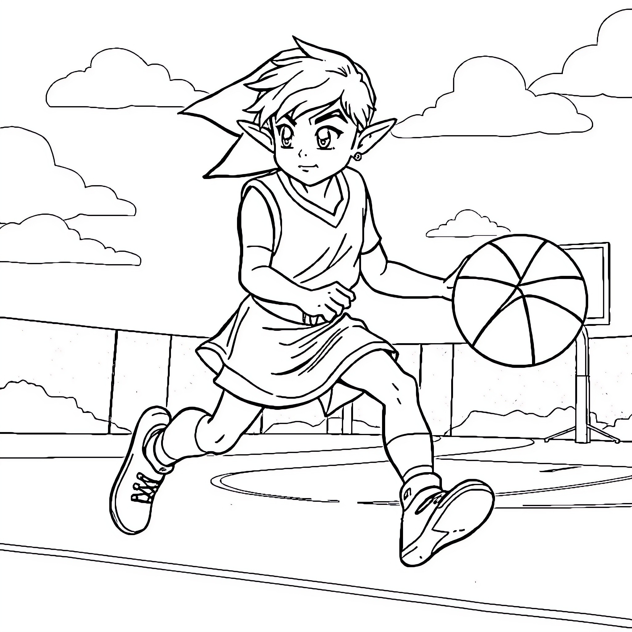 Link playing with a ball outdoors Coloring Page (free black-and-white line drawing printable PDF for all, from beginners to advanced learners, including children, teens, adults, and seniors)