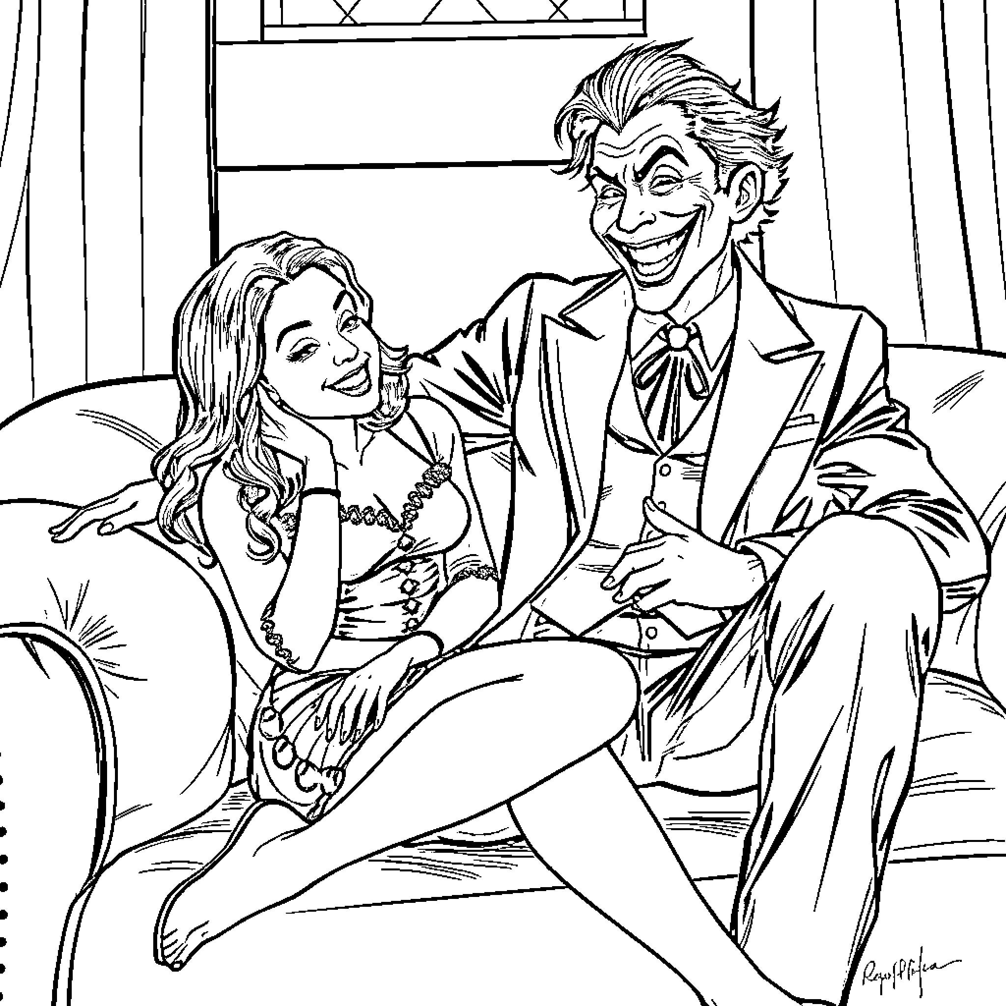 Selena Gomez and the Joker in a playful encounter Coloring Page (free black-and-white line drawing printable PDF for all, from beginners to advanced learners, including children, teens, adults, and seniors)