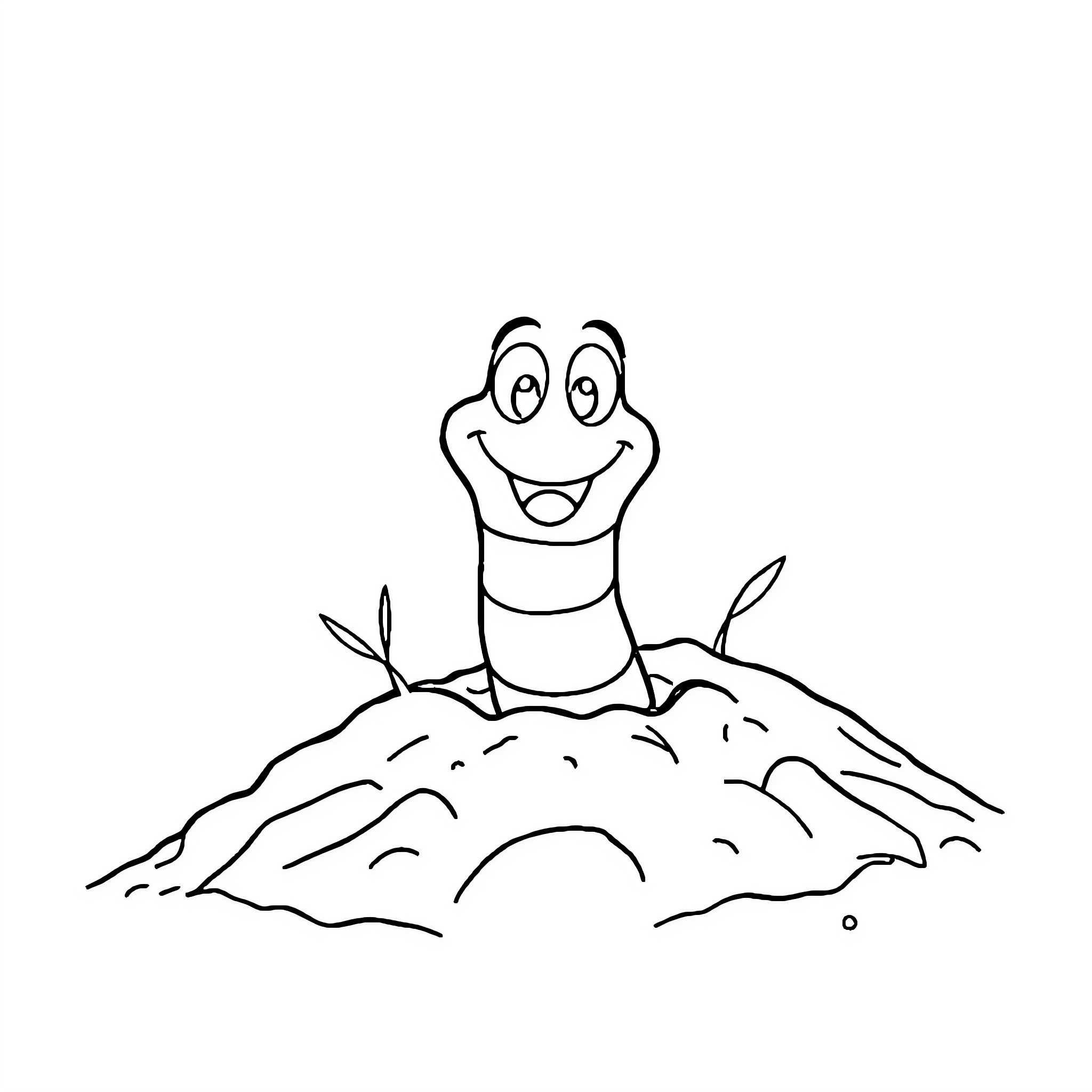 Earthworm emerging happily from the soil Coloring Page (free black-and-white line drawing printable PDF for all, from beginners to advanced learners, including children, teens, adults, and seniors)
