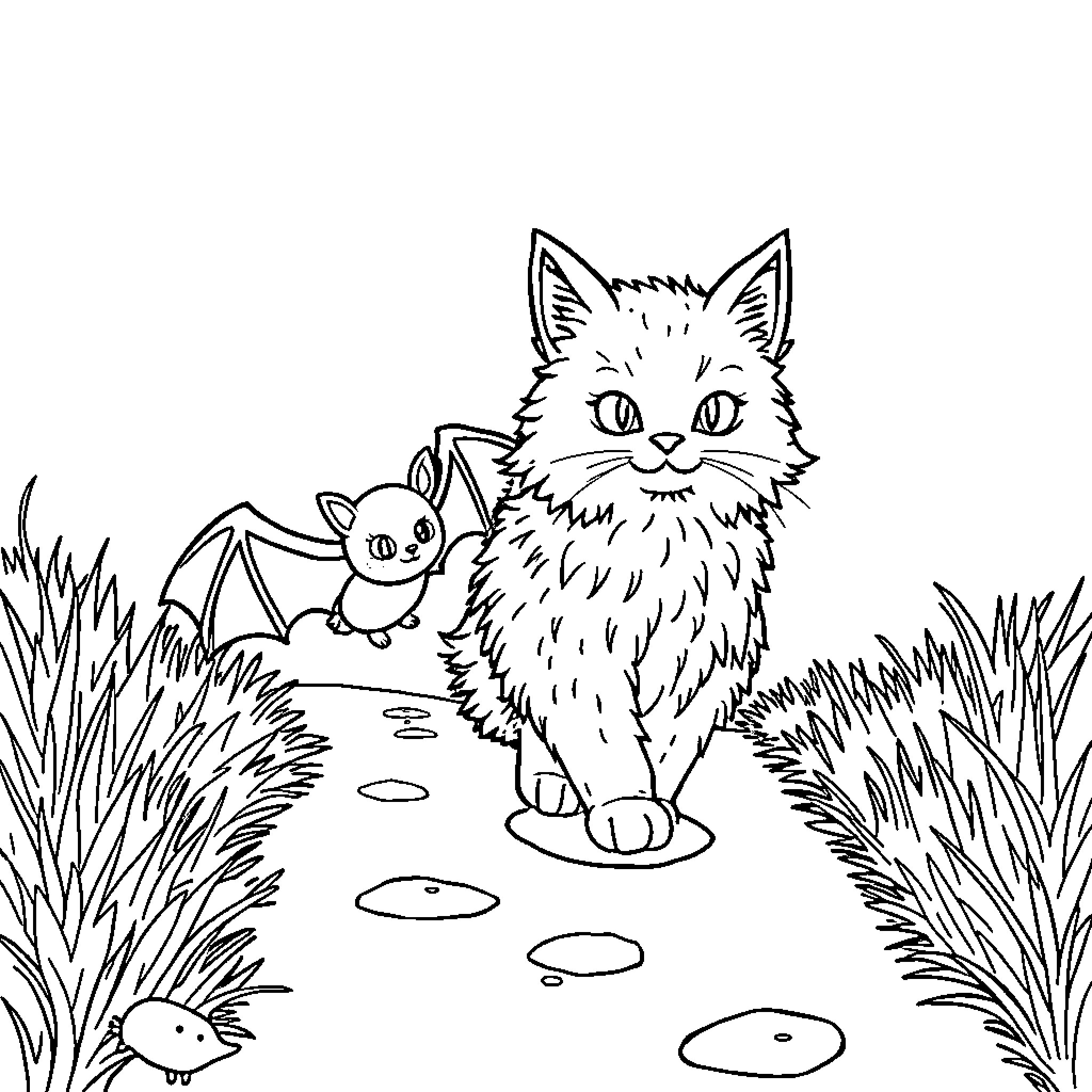 Cat and its friends in the meadow Coloring Page (free black-and-white line drawing printable PDF for all, from beginners to advanced learners, including children, teens, adults, and seniors)