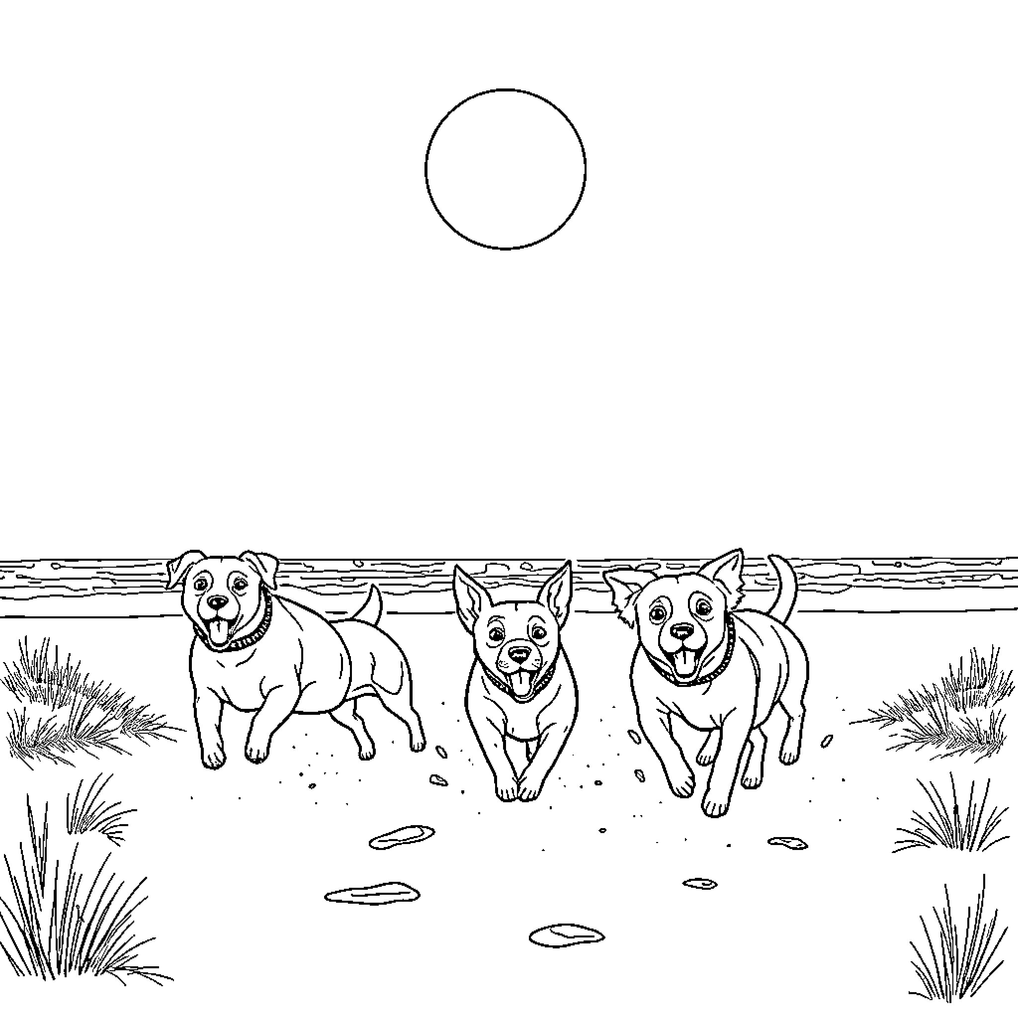 Dogs playing joyfully on the beach Coloring Page (free black-and-white line drawing printable PDF for all, from beginners to advanced learners, including children, teens, adults, and seniors)