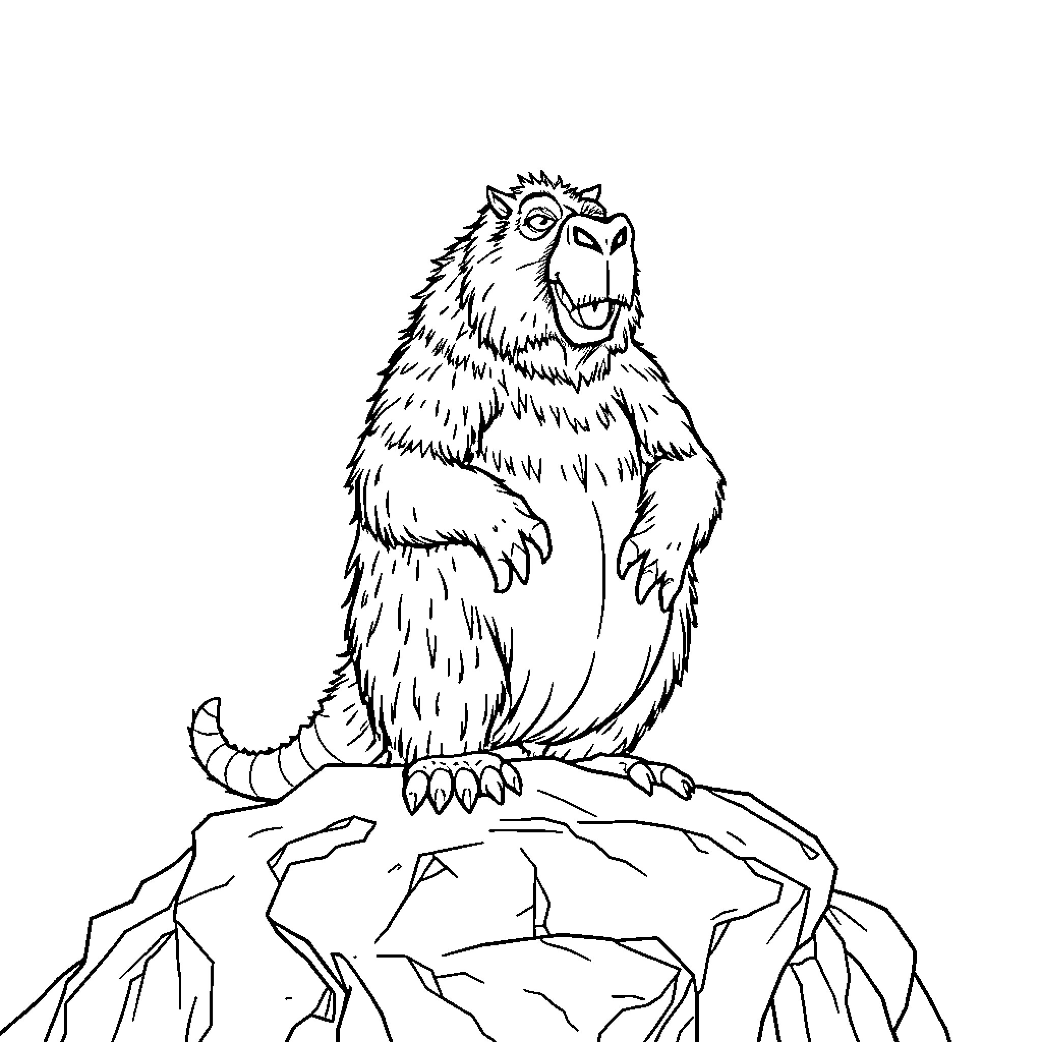 Gruffalo sitting atop a rocky outcrop Coloring Page (free black-and-white line drawing printable PDF for all, from beginners to advanced learners, including children, teens, adults, and seniors)