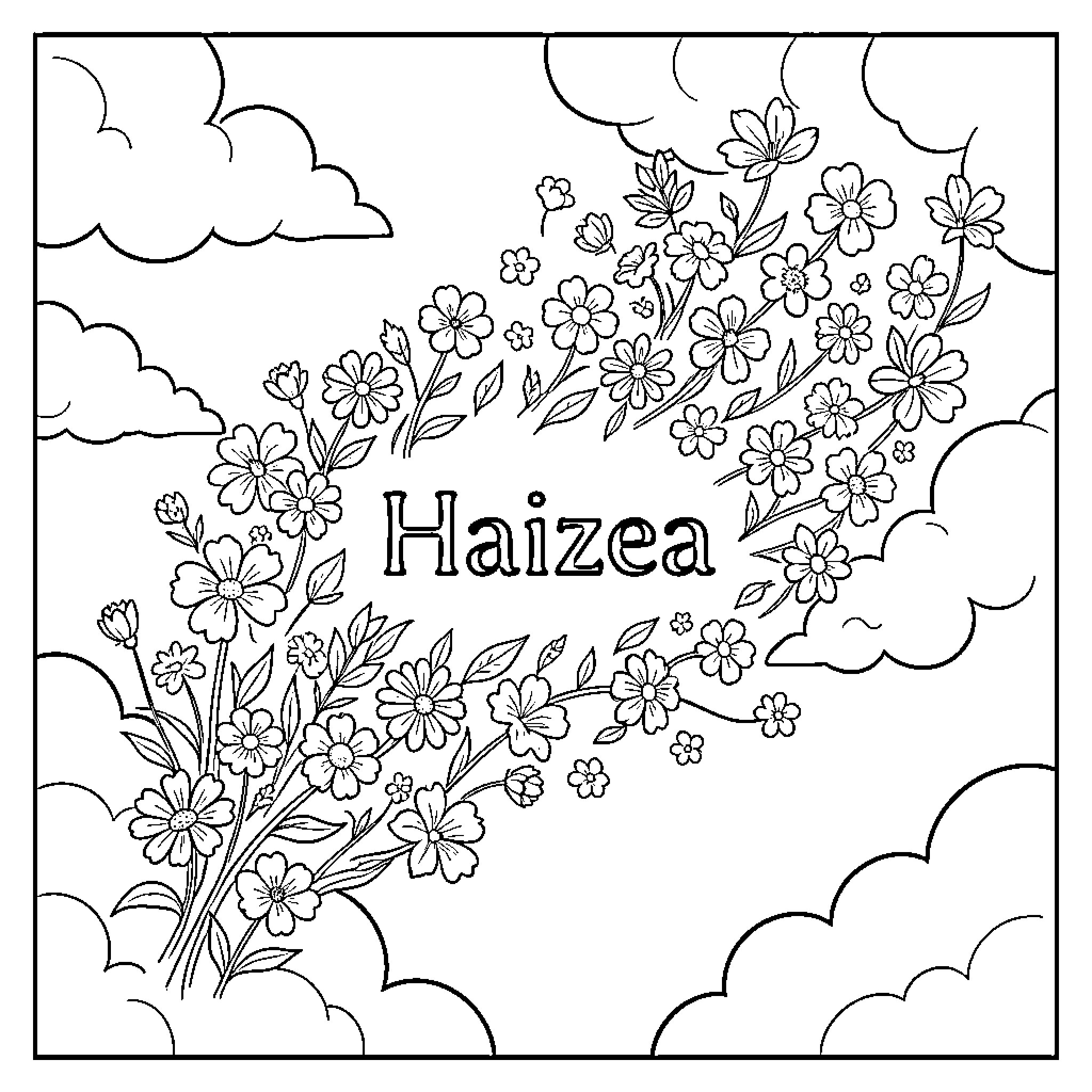 Haizea's Floral Wonderland Coloring Page (free black-and-white line drawing printable PDF for all, from beginners to advanced learners, including children, teens, adults, and seniors)