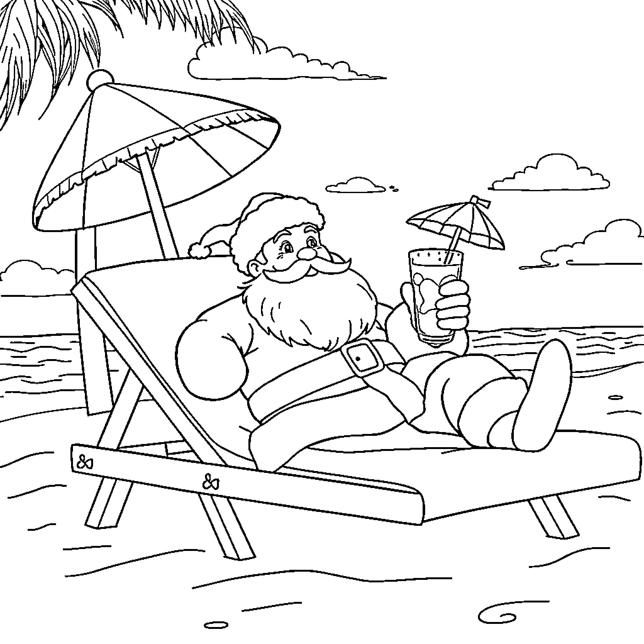 Santa relaxing on the beach with a drink Coloring Page (free black-and-white line drawing printable PDF for all, from beginners to advanced learners, including children, teens, adults, and seniors)
