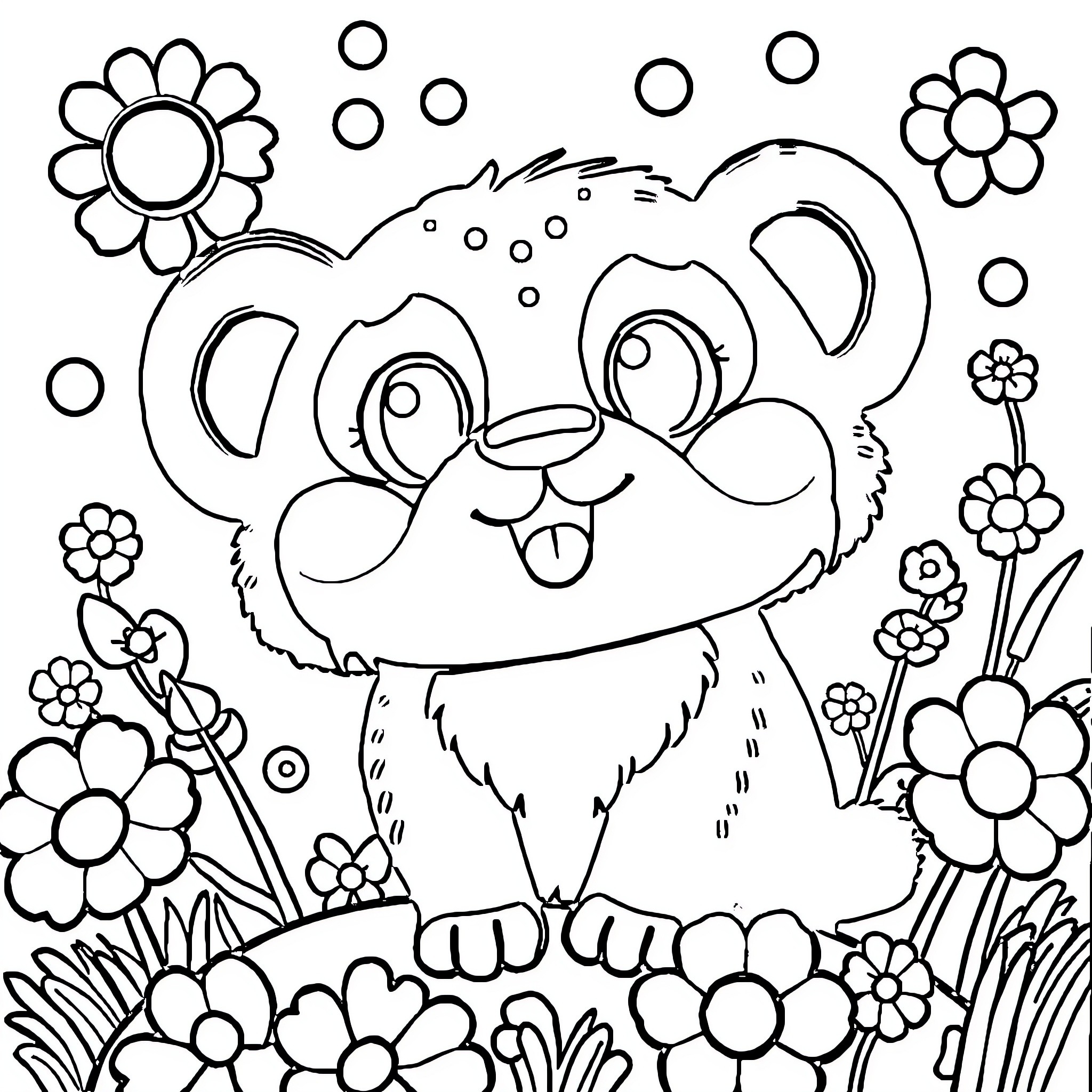 Lafufu's Playful Flower Garden Adventure Coloring Page (free black-and-white line drawing printable PDF for all, from beginners to advanced learners, including children, teens, adults, and seniors)
