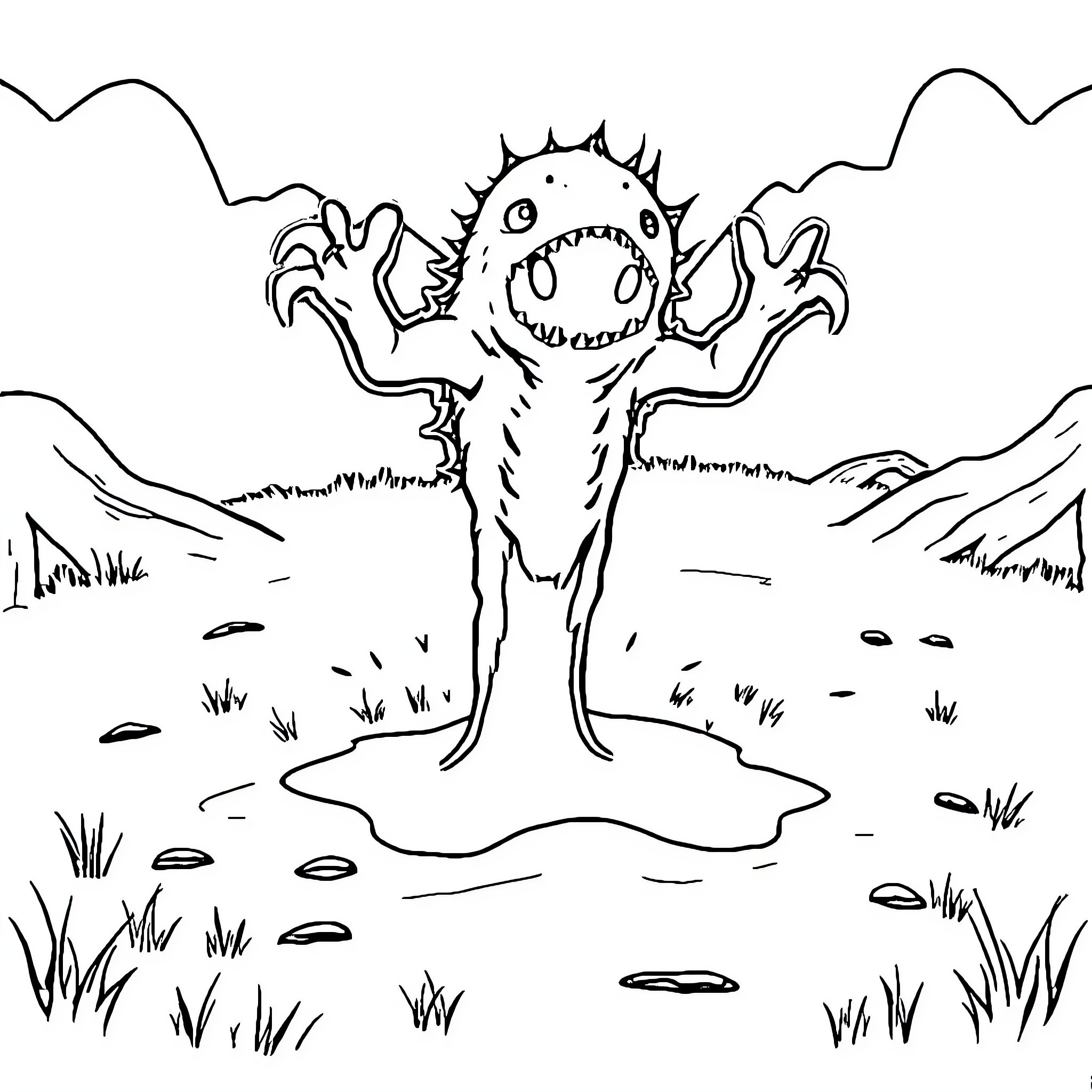 Spawn of the Fearsome Creature in the Landscape Coloring Page (free black-and-white line drawing printable PDF for all, from beginners to advanced learners, including children, teens, adults, and seniors)