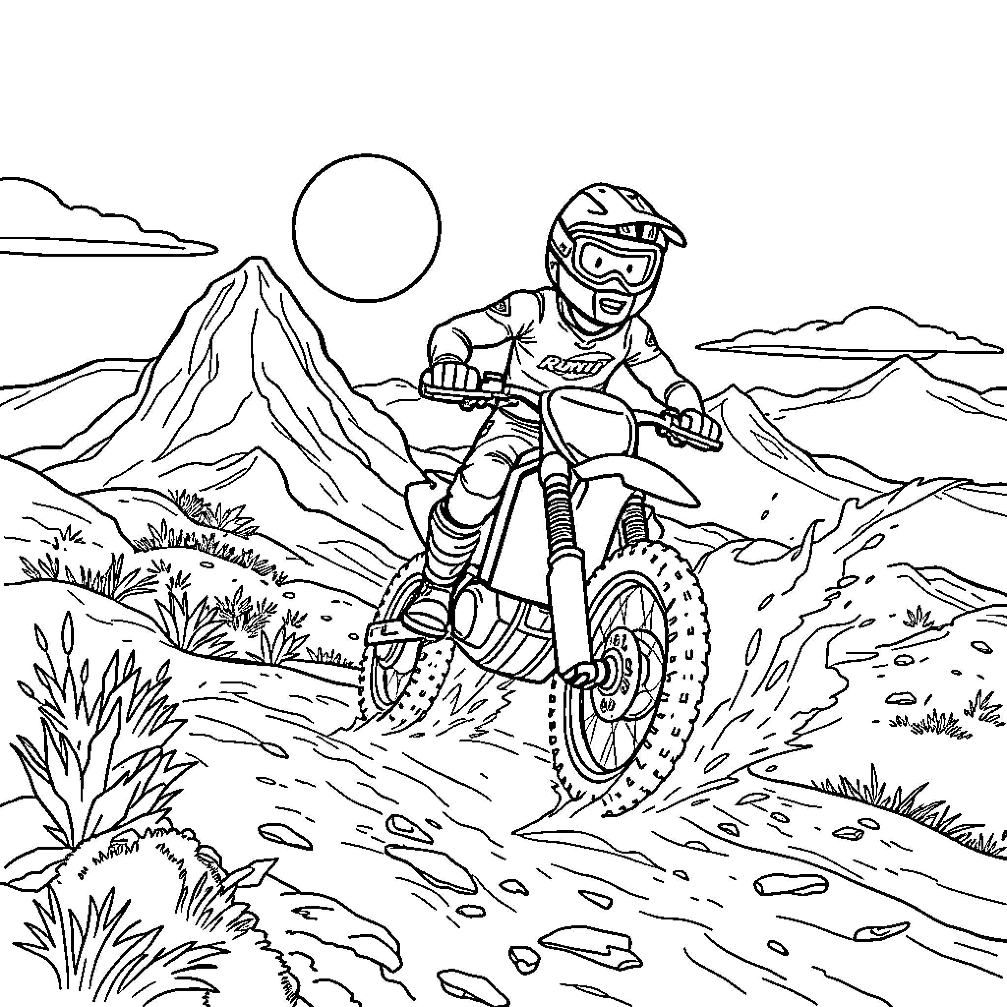 Rumi's Dirt Bike Adventure in the Mountain Wilderness Coloring Page (free black-and-white line drawing printable PDF for all, from beginners to advanced learners, including children, teens, adults, and seniors)