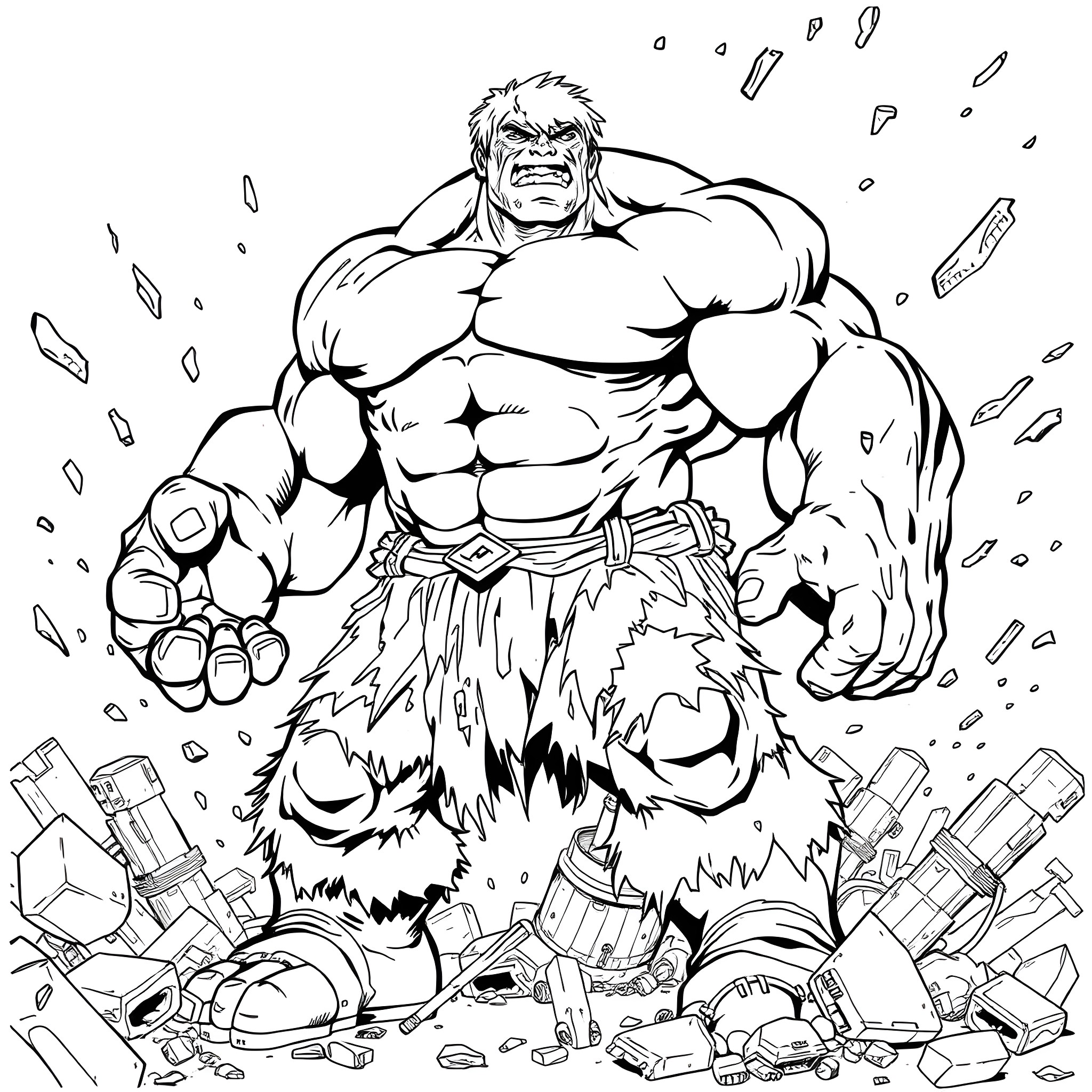 Skulk of Muscular Warrior Amid Destruction Coloring Page (free black-and-white line drawing printable PDF for all, from beginners to advanced learners, including children, teens, adults, and seniors)