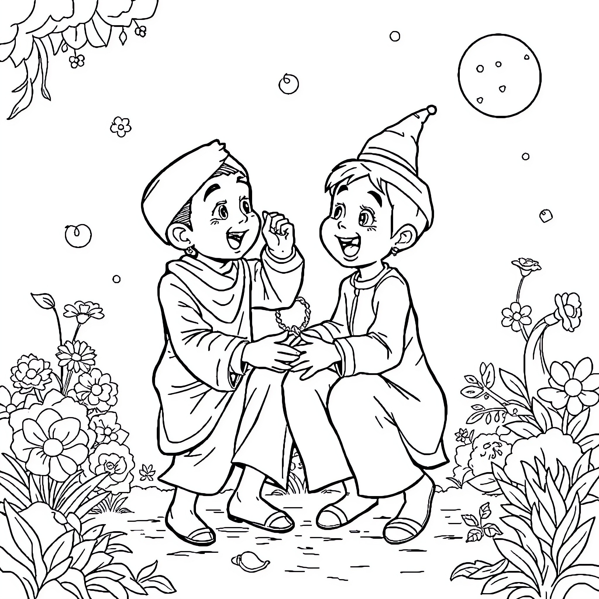 Sahur celebration of two cheerful children Coloring Page (free black-and-white line drawing printable PDF for all, from beginners to advanced learners, including children, teens, adults, and seniors)