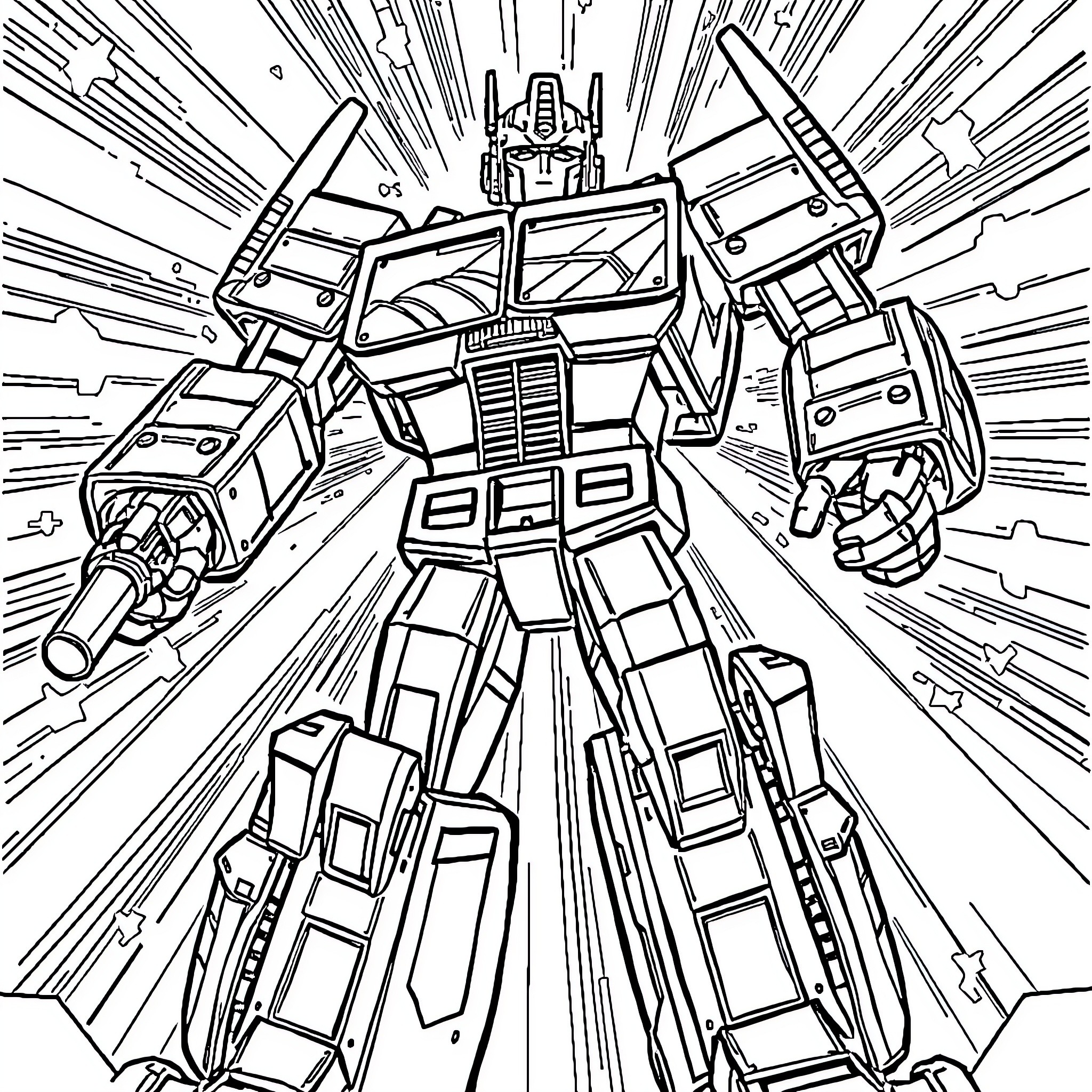 Optimus Prime leading the charge into battle Coloring Page (free black-and-white line drawing printable PDF for all, from beginners to advanced learners, including children, teens, adults, and seniors)