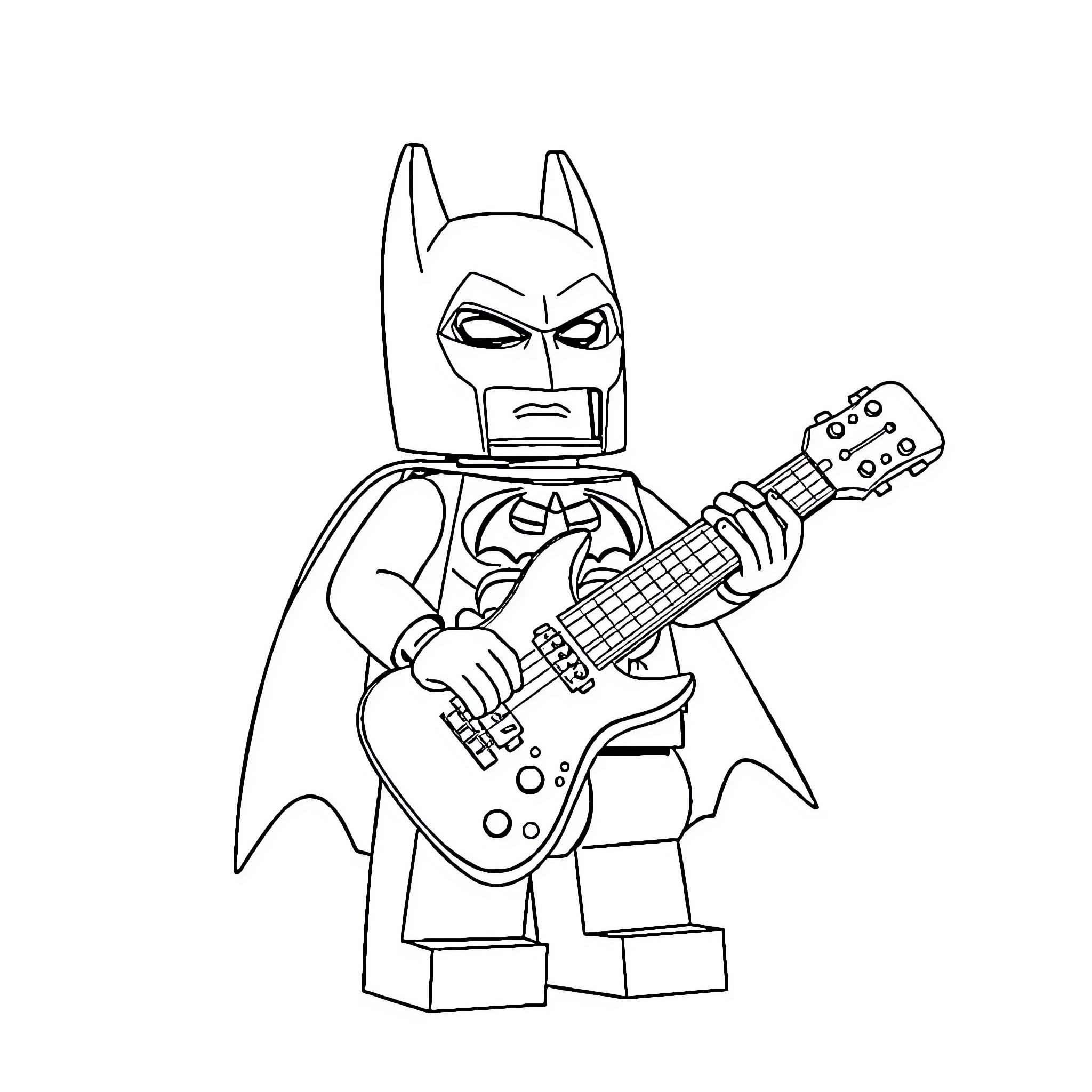 Batman playing electric guitar in costume Coloring Page (free black-and-white line drawing printable PDF for all, from beginners to advanced learners, including children, teens, adults, and seniors)