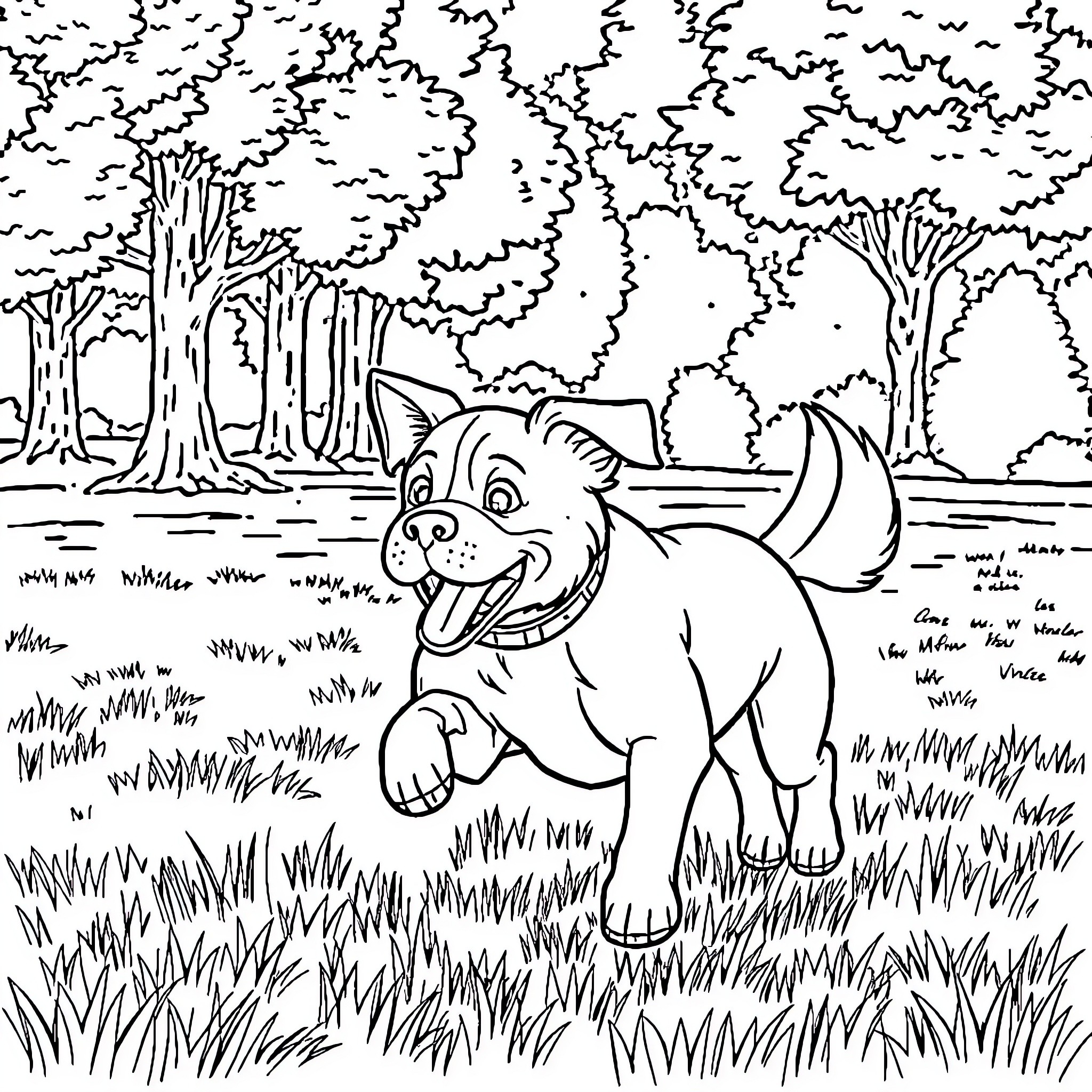Dog running happily in the forest Coloring Page (free black-and-white line drawing printable PDF for all, from beginners to advanced learners, including children, teens, adults, and seniors)