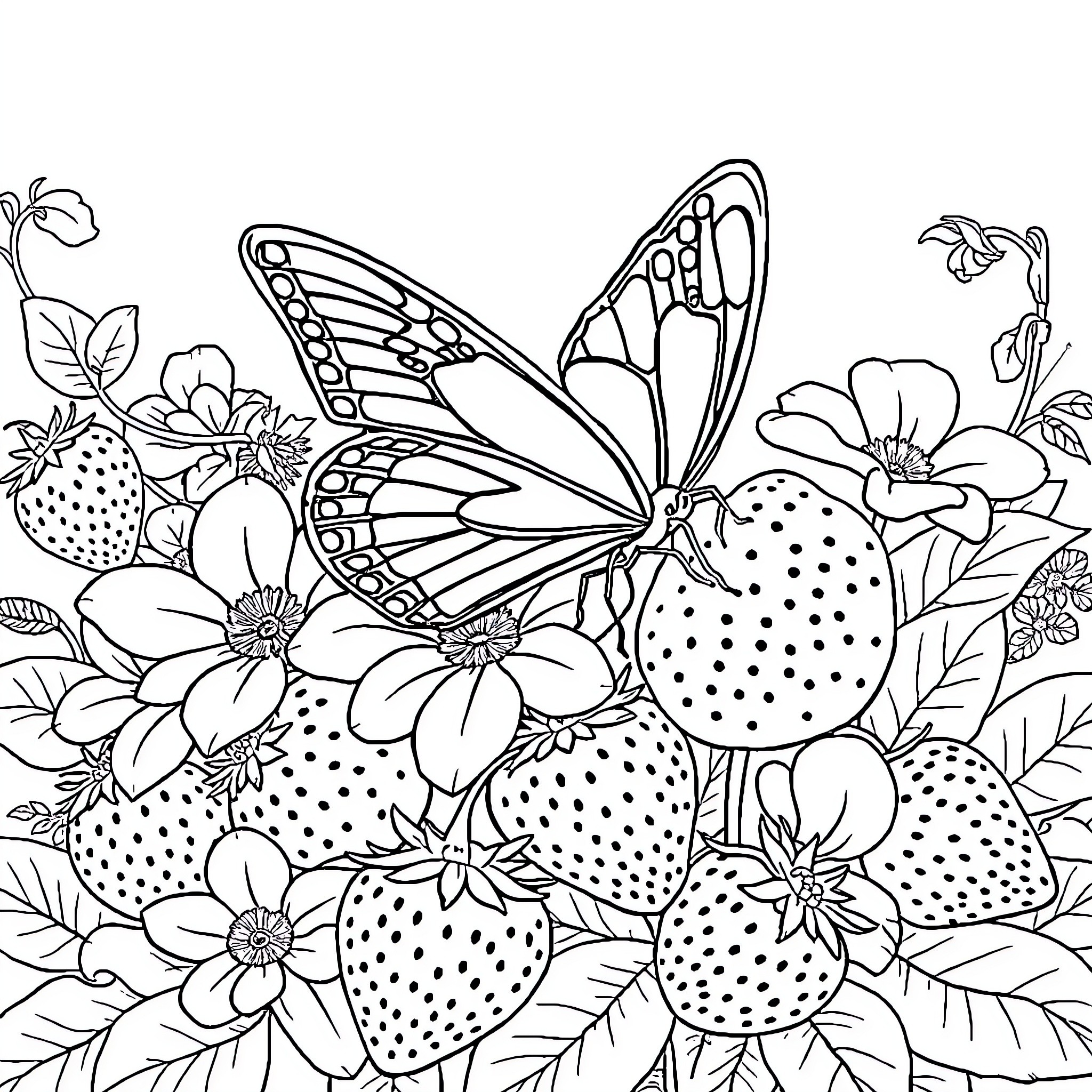 Butterfly resting on flower-filled garden Coloring Page (free black-and-white line drawing printable PDF for all, from beginners to advanced learners, including children, teens, adults, and seniors)