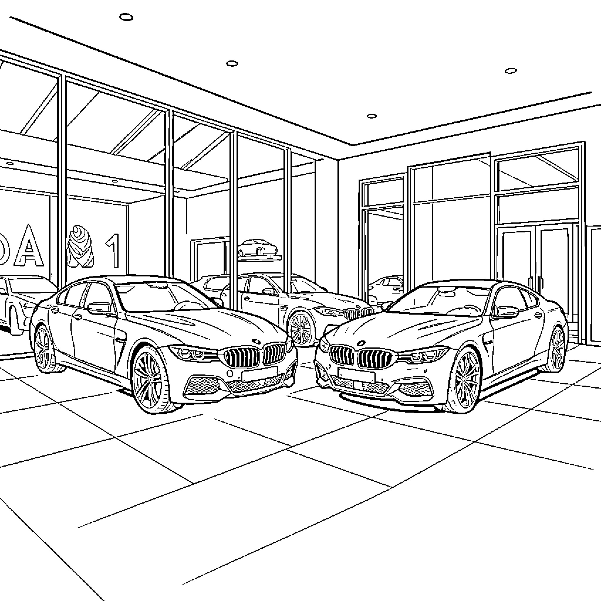 Luxury Car parked inside a modern showroom Coloring Page (free black-and-white line drawing printable PDF for all, from beginners to advanced learners, including children, teens, adults, and seniors)