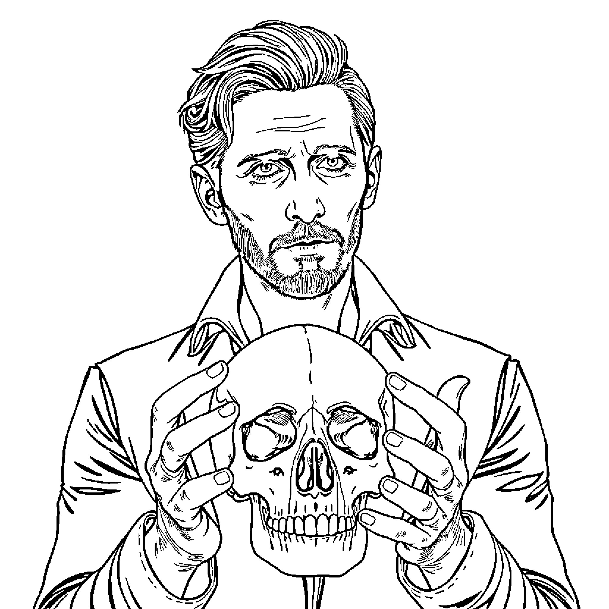 Tom Hiddleston holding a skull Coloring Page (free black-and-white line drawing printable PDF for all, from beginners to advanced learners, including children, teens, adults, and seniors)