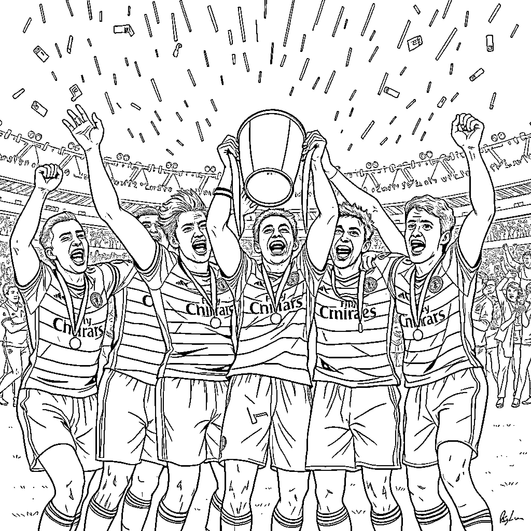 Celtic Football Club players celebrating championship victory Coloring Page (free black-and-white line drawing printable PDF for all, from beginners to advanced learners, including children, teens, adults, and seniors)