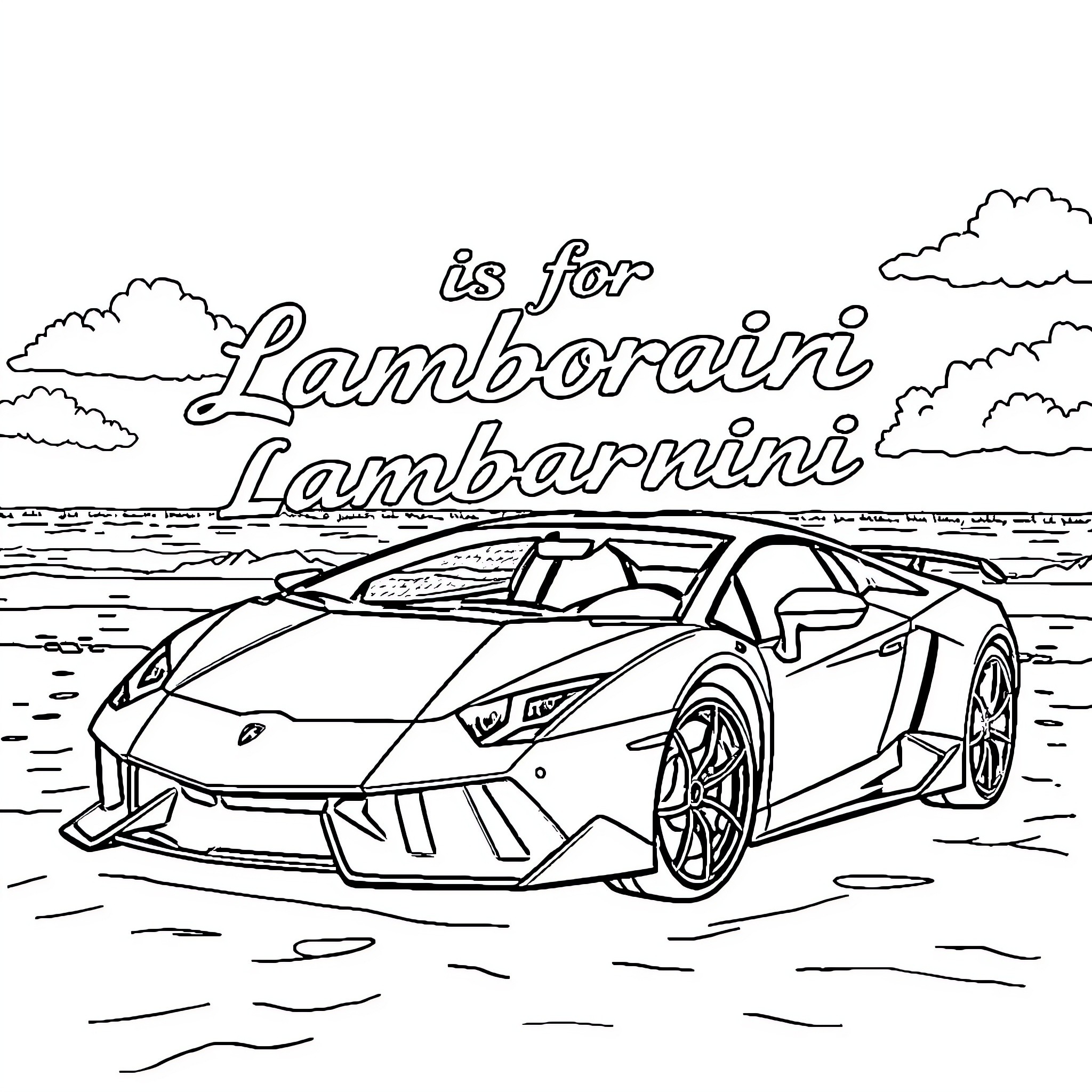 Lamborghini Supercar on the Beach Coloring Page (free black-and-white line drawing printable PDF for all, from beginners to advanced learners, including children, teens, adults, and seniors)