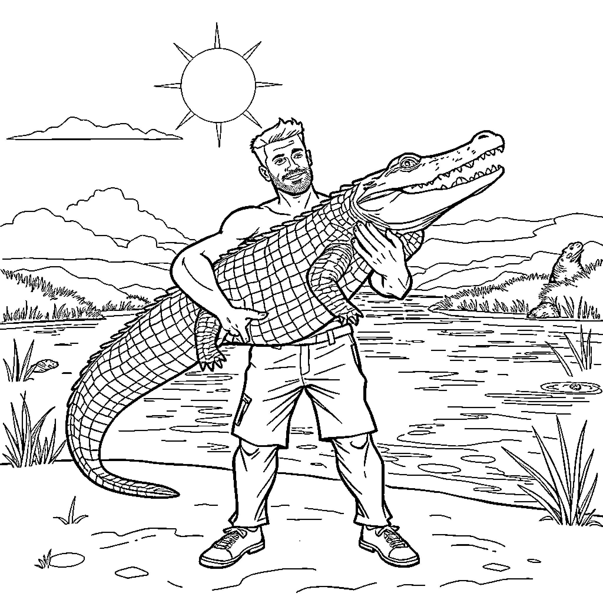 Man poses with large alligator in outdoor scene Coloring Page (free black-and-white line drawing printable PDF for all, from beginners to advanced learners, including children, teens, adults, and seniors)