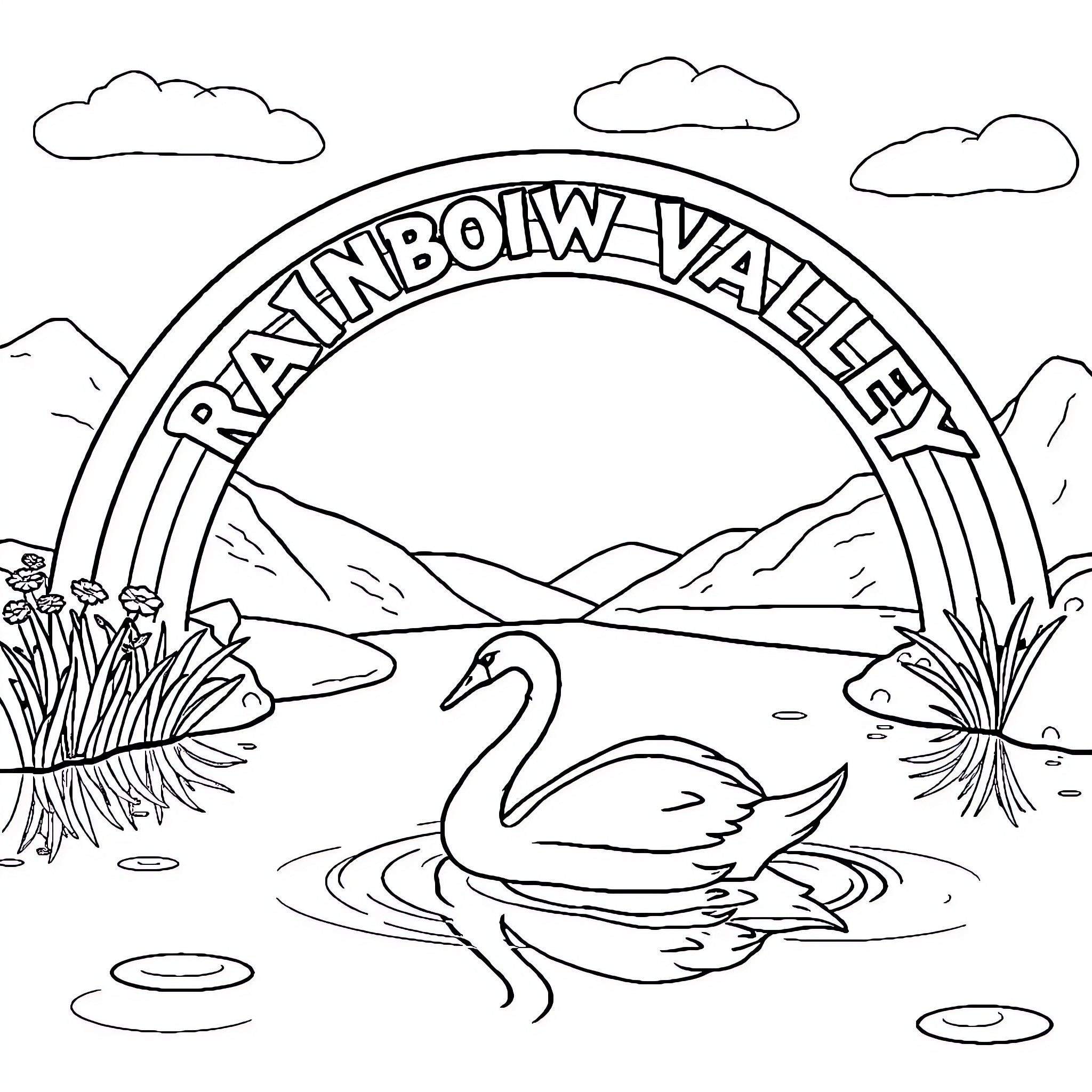 Swan gliding gracefully in scenic landscape Coloring Page (free black-and-white line drawing printable PDF for all, from beginners to advanced learners, including children, teens, adults, and seniors)