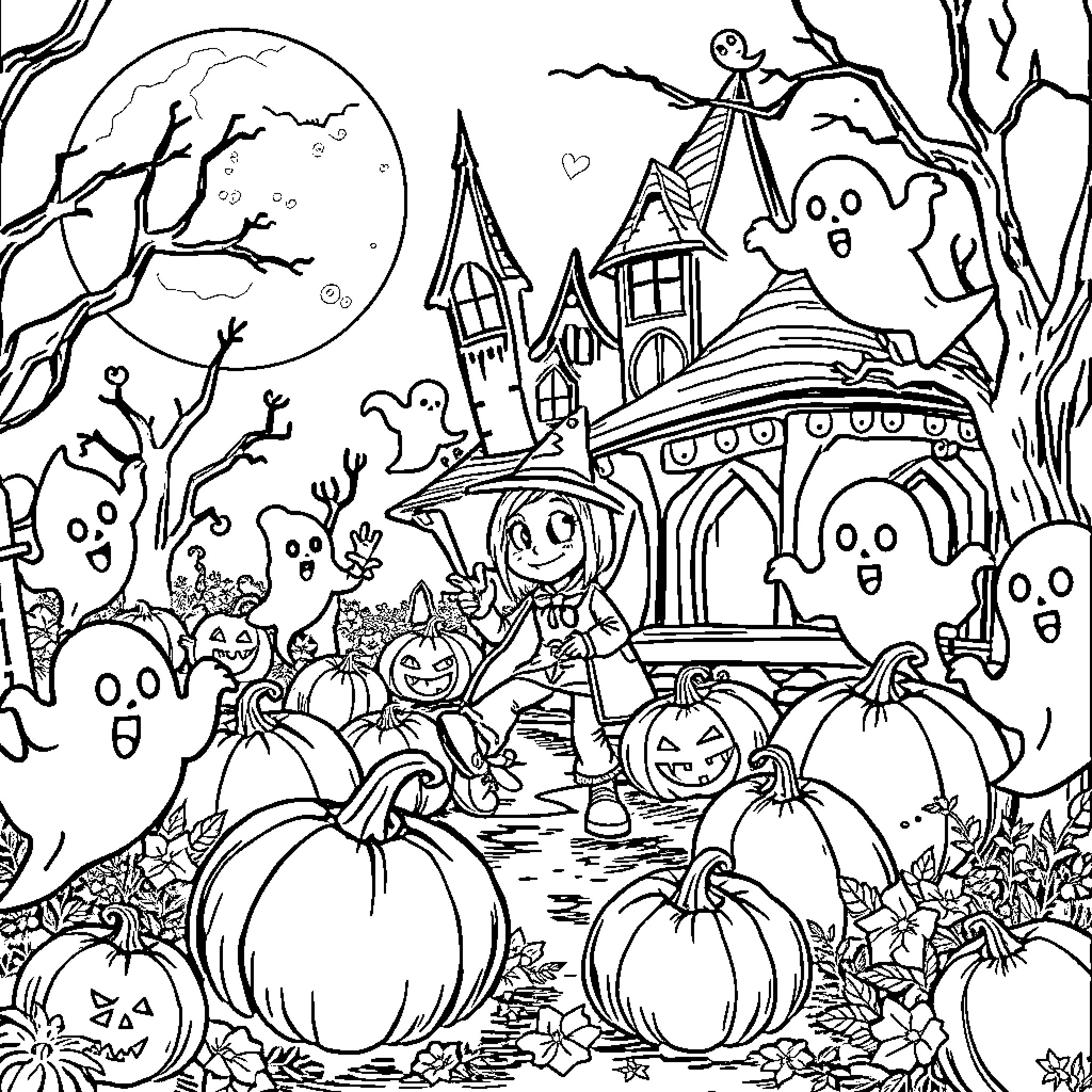 Huntrix's Spooky Halloween Adventure Coloring Page (free black-and-white line drawing printable PDF for all, from beginners to advanced learners, including children, teens, adults, and seniors)