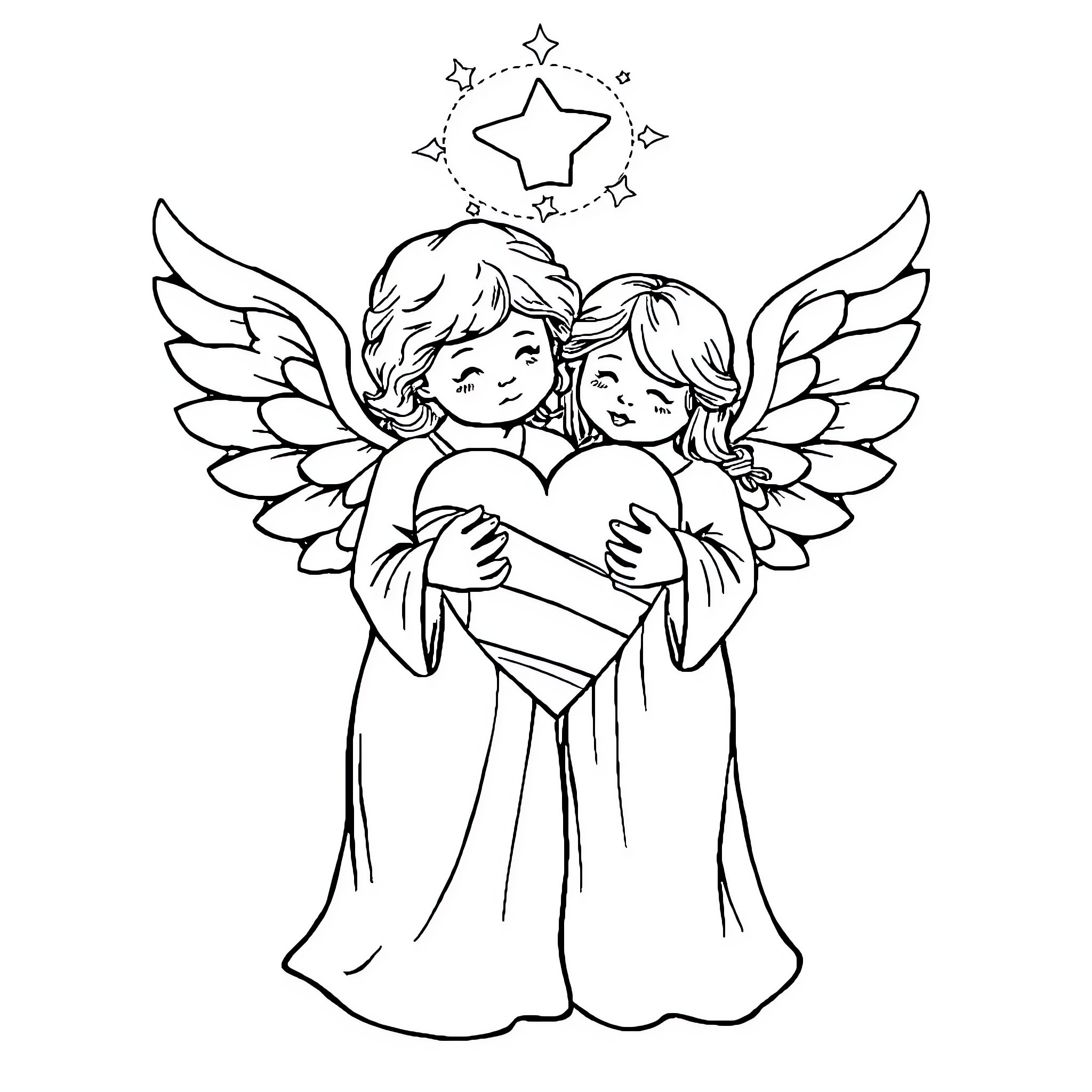 Angel Pair Embracing with Wings and Stars Coloring Page (free black-and-white line drawing printable PDF for all, from beginners to advanced learners, including children, teens, adults, and seniors)