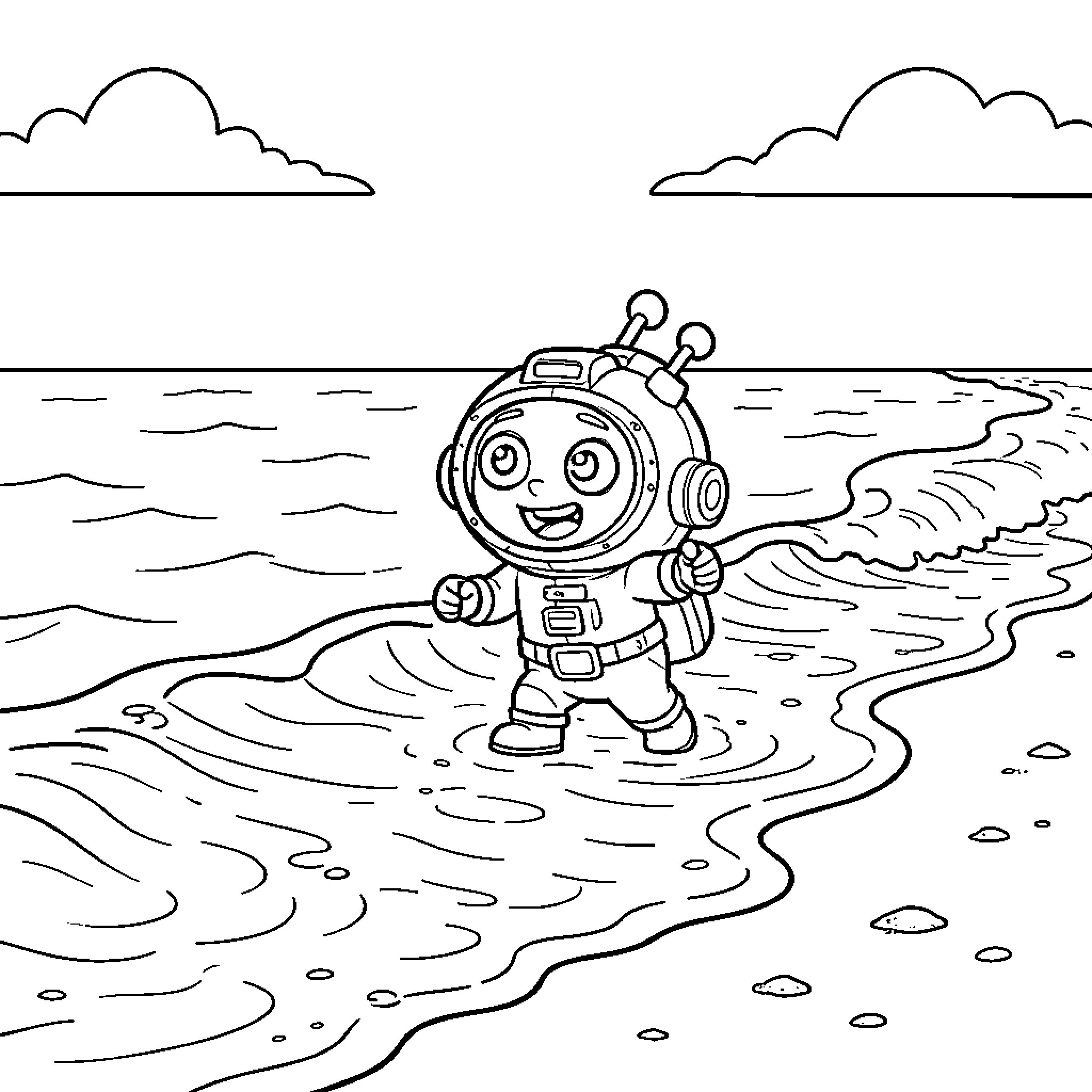 Nave smiling astronaut walking along the beach shoreline Coloring Page (free black-and-white line drawing printable PDF for all, from beginners to advanced learners, including children, teens, adults, and seniors)